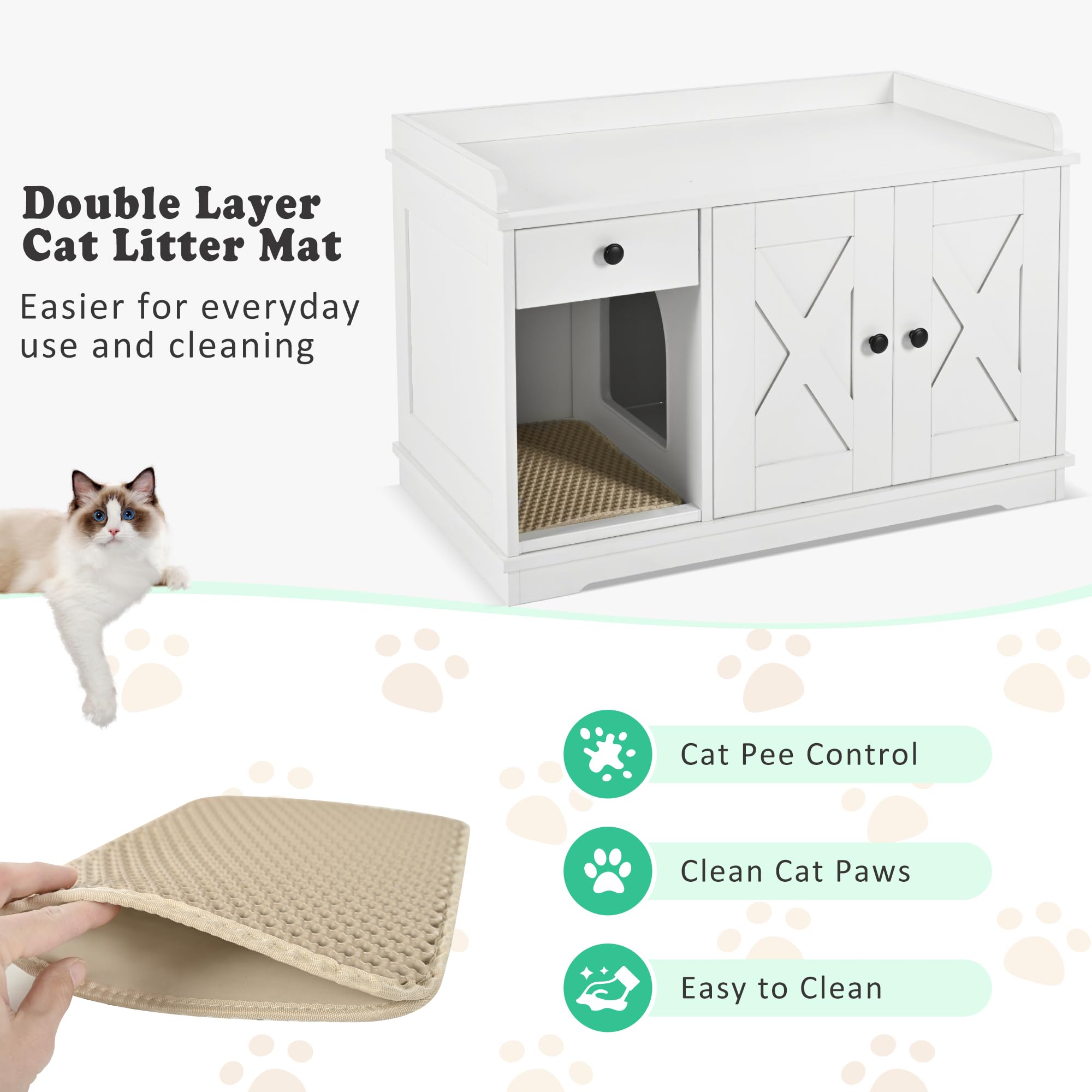 Merax Farmhouse Hidden Cat Litter Box Enclosure with Barn Door & Mat, Wooden Cat Washroom Furniture with Litter Box,Cat House wi