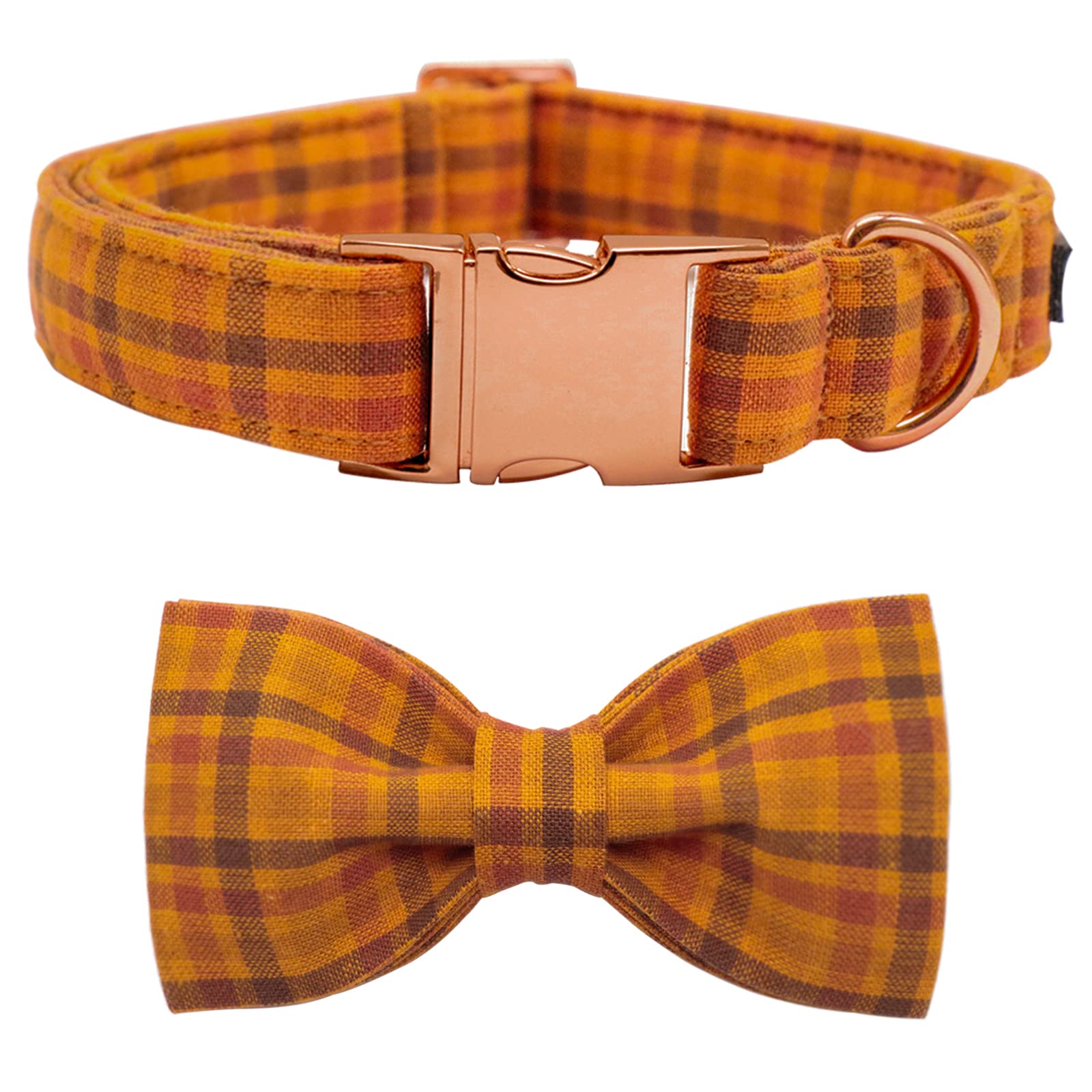 Maca Bates Fall Dog Collar With Bow Tie Soft Cotton Pumpkin Plaid Dogs Collars With Bowtie Checkered Halloween Thanksgiving Day Adjustable Puppy Colar For Small Medium Large Girl Boy Male Female Pet