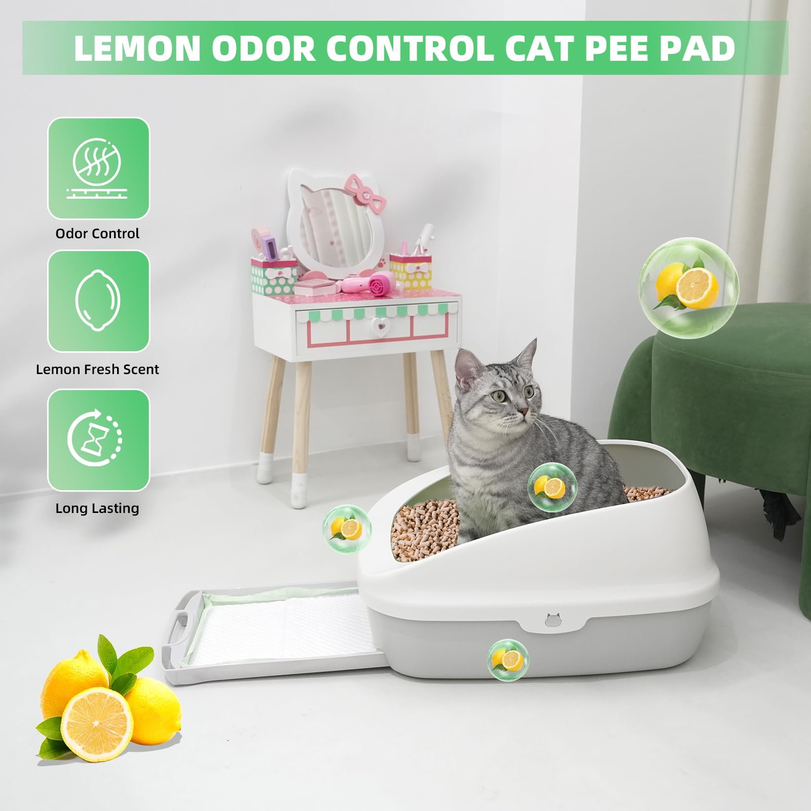 Immcute Cat Pads 16.9'' X 11.4'', Lemon Scent, 50 Ct, Pee Pads For Cats, Thickened Super Absorbent Pee Pads, Cat Pads For Litter