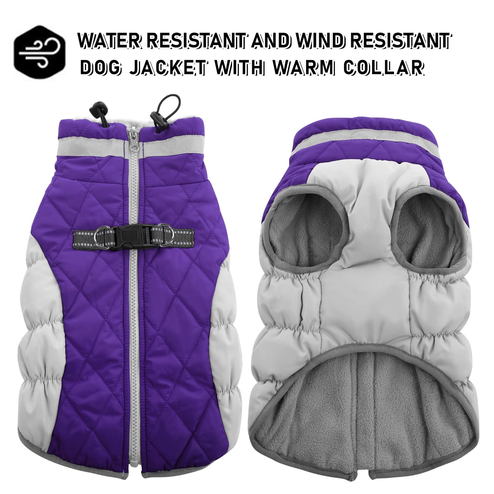 Aofitee Winter Dog Coat Warm Fleece Dog Jacket For Cold Weather, Reflective Zip Up Puppy Dog Sport Vest With Leash Rings, Outdoor Pet Sweater Apparel Clothes For Small Medium Large Dogs, Purple Xs