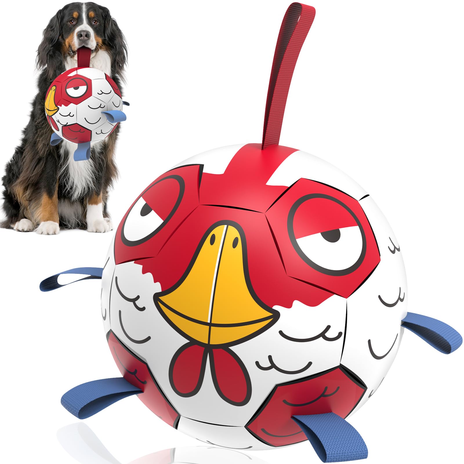 Qdan Dog Toys Soccer Ball With Straps - Durable Extra Large Dog Balls, Beach Pool Water Toys, Herding Balls (9 Inch)