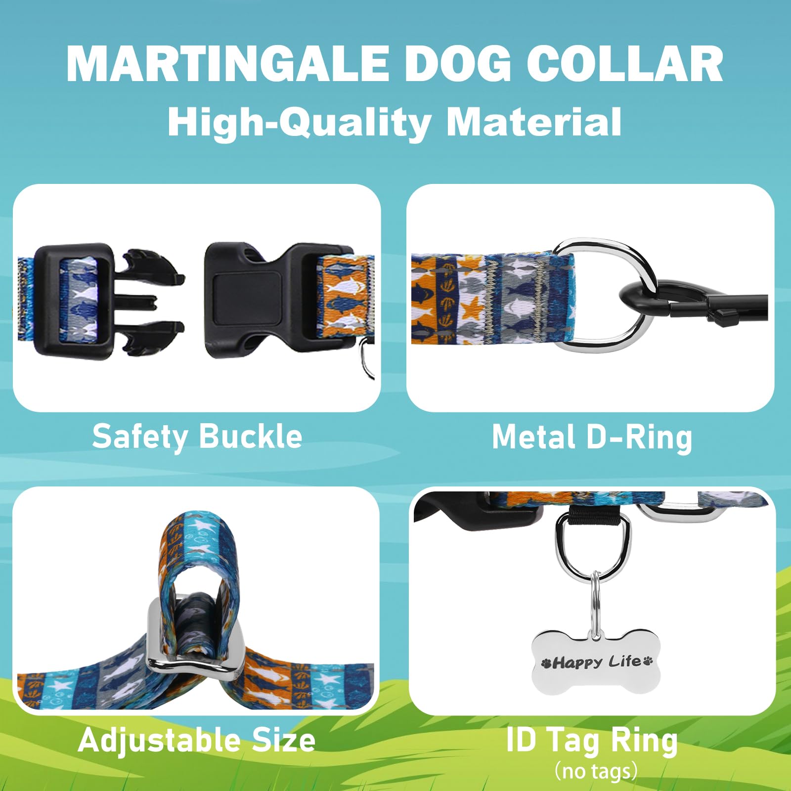 Fidohug Reflective Martingale Collar With Buckle Shark Starfish Ethnic Stripe Adjustable Designer Dog Collars (Underwater World,