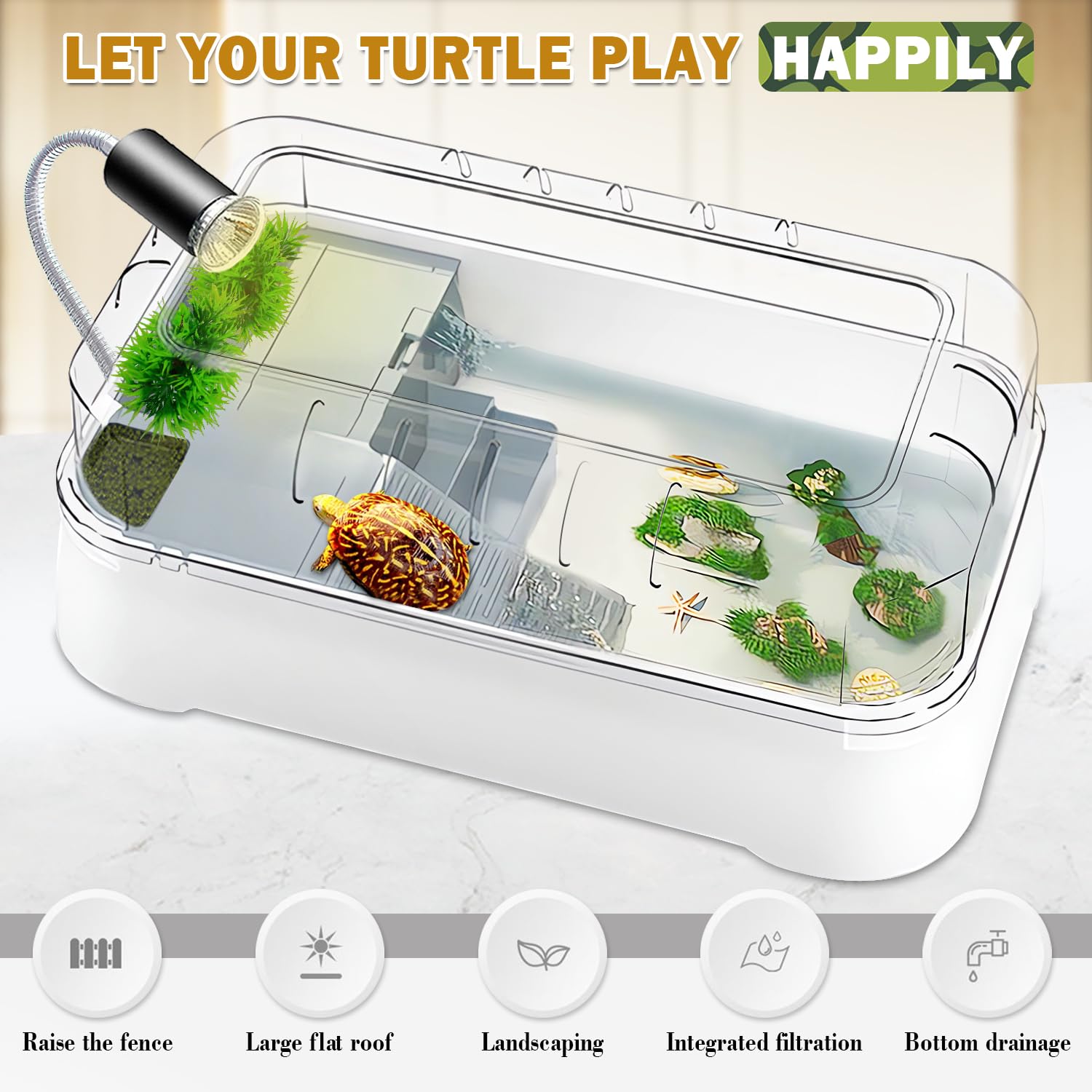 Turtle Aquarium Kit,Turtle Tank Starter Kit With Pump Filter Basking Platform And Uv Light, Bottom Drainage, Multi-Function Area