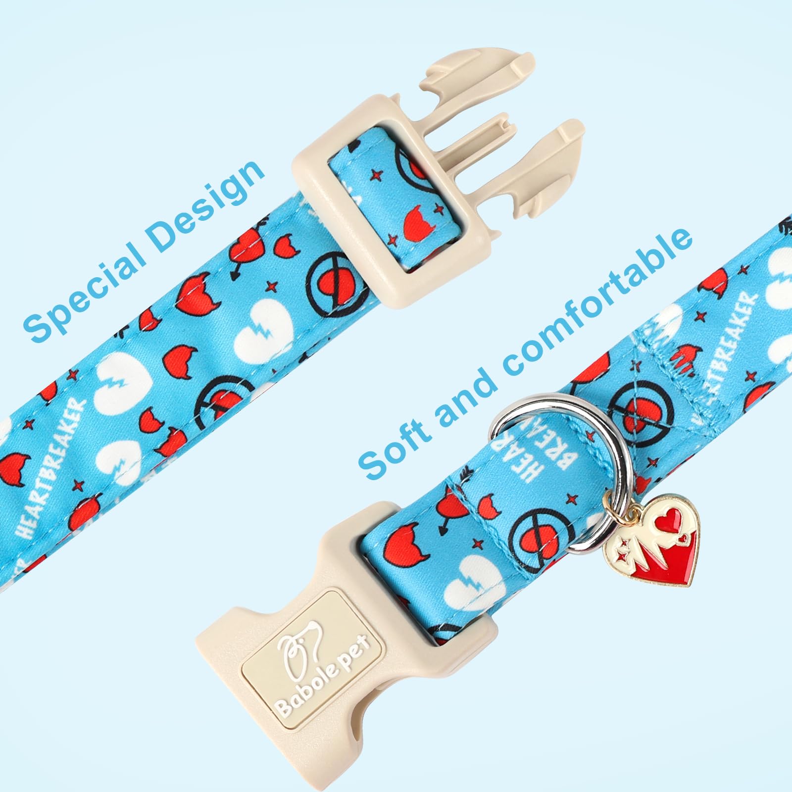 Babole Pet Valentines Dog Collar, Blue Heart Dog Collar, Cute Loving Heart Printed Collar with Quick Release Plastic Buckle for