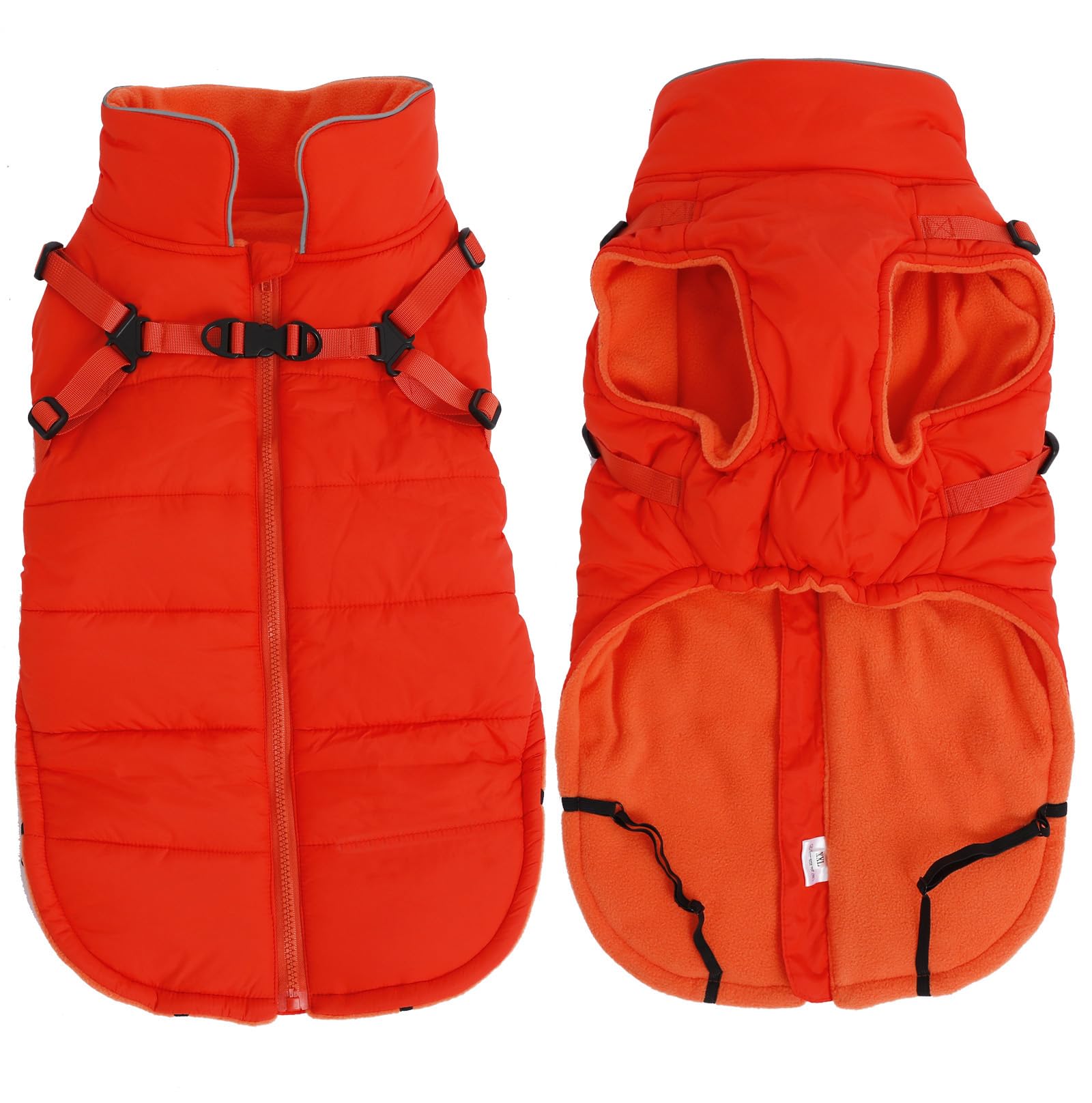 Geyecete Winter Warm Coat Waterproof Dog Winter Jacket With Harness Traction Belt,Windproof Pet Outdoor Jacket Dog Autumn-Orange