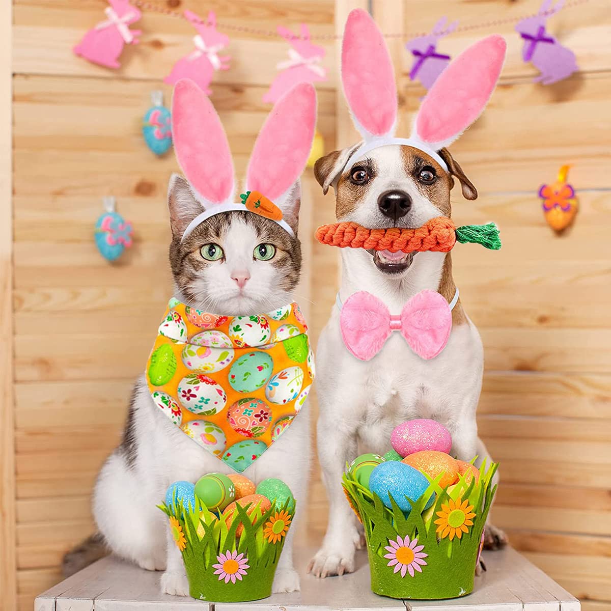 Dog Easter Bunny Costume, 3 Pack Pet Rabbit Ears Headband, Egg Dog Bandana, Carrot Dog Toy Set, Easter Dog Costumes For Small Do