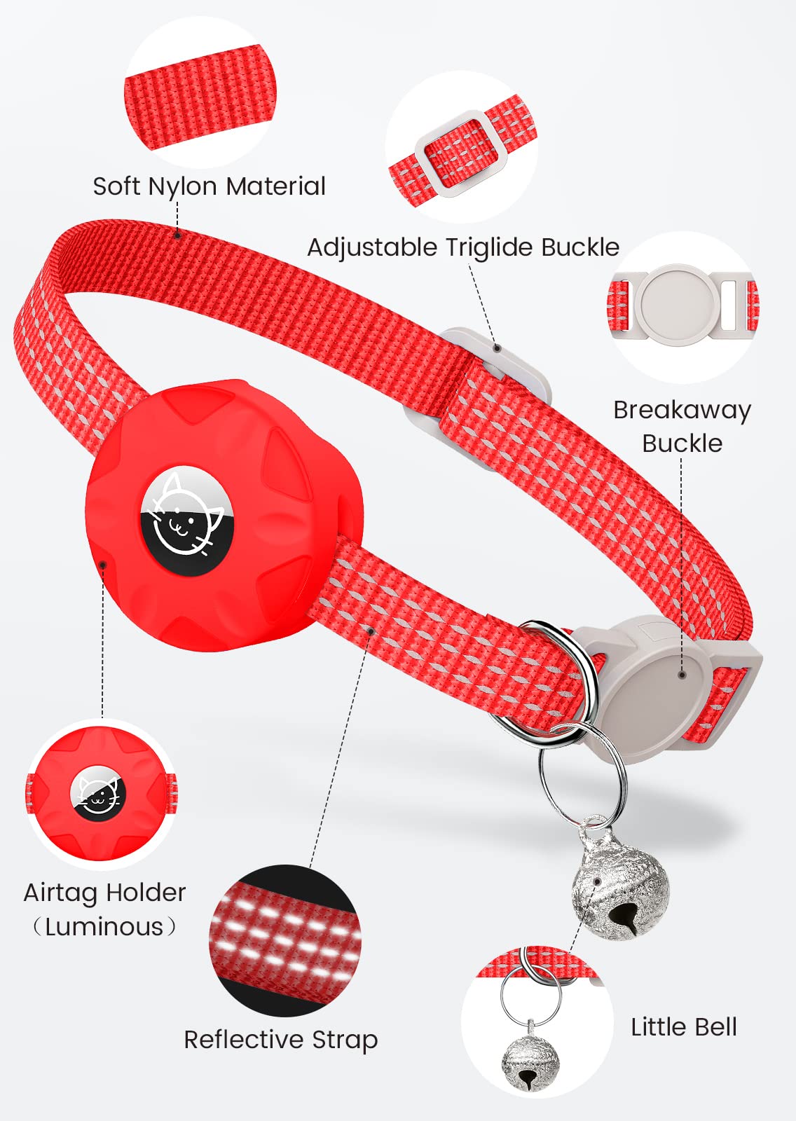 Airtag Cat Collar, Reflective Kitten Collar Breakaway Apple Air Tag Cat Collar, Gps Cat Collar With Airtag Holder And Bell, Lightweight Tracker Cat Collars For Girl Boy Cats, Kittens And Puppies (Red)