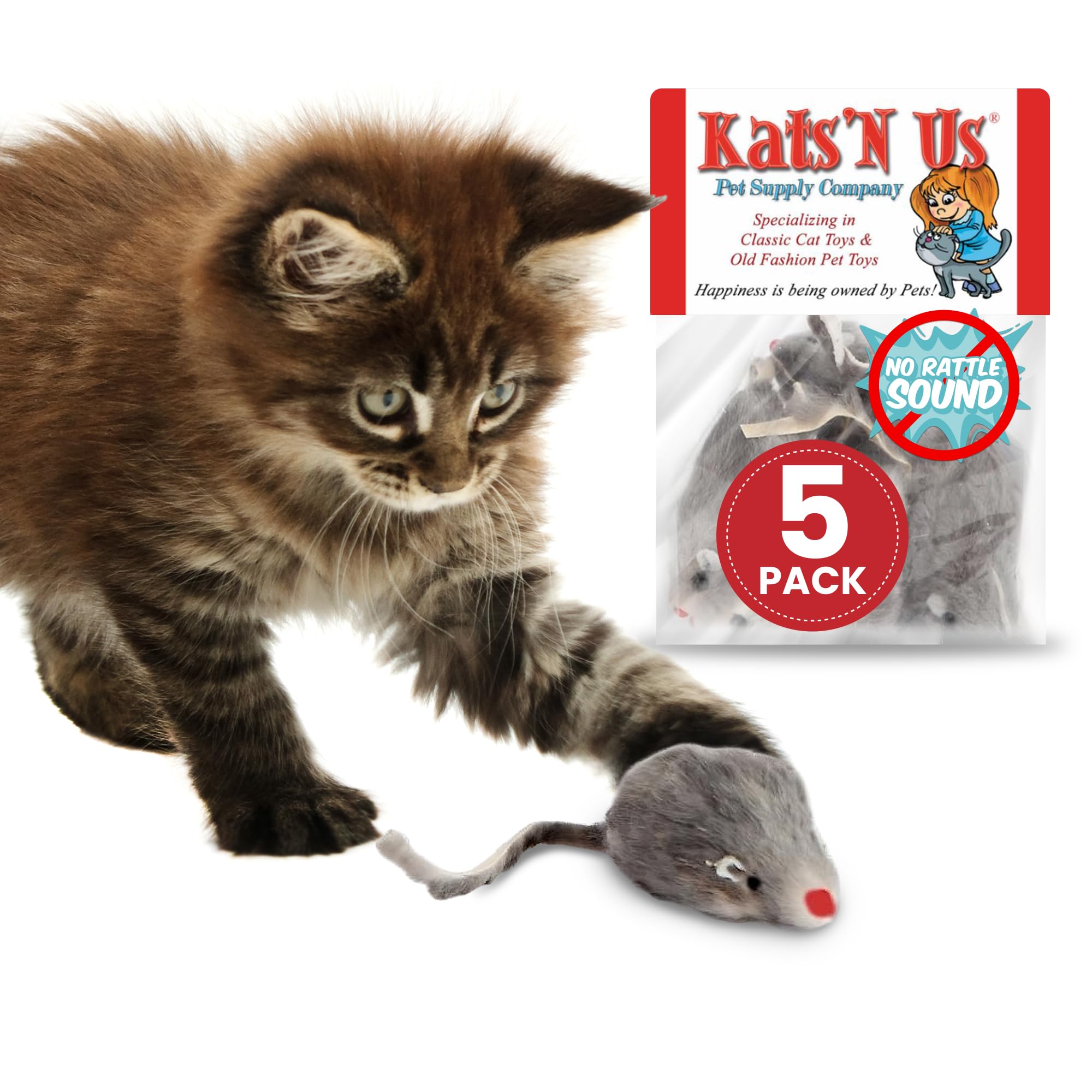 Real Rabbit Fur Mouse Cat Toy - Hard Body - Interactive Cat Toys, Real Fur Mice, 5 Pack Gray No Rattle