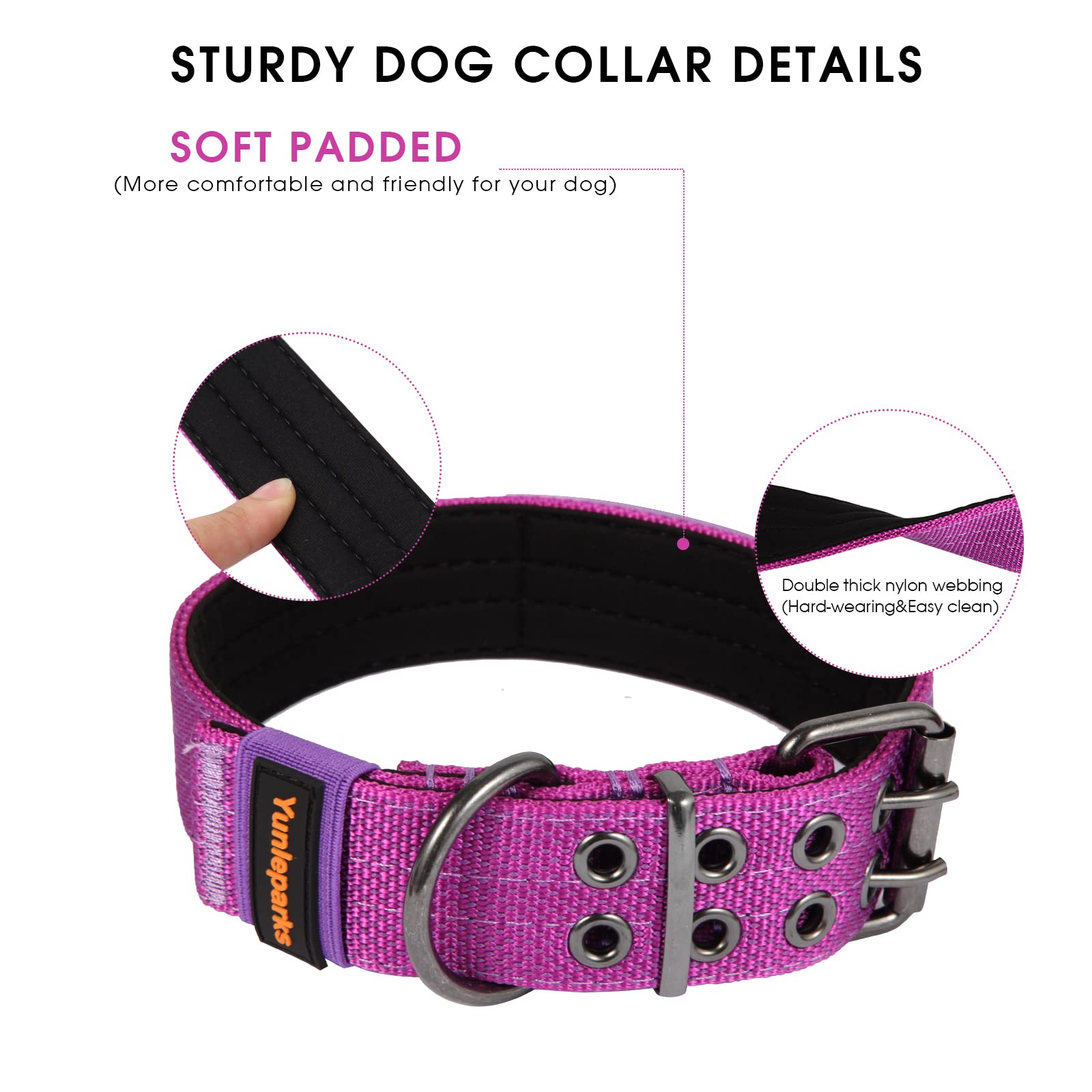 Yunleparks Tactical Collar For Medium Large Dogs, Heavy Duty Metal Buckle, Soft Neoprene Padded, Nylon Wide(Large, Purple)