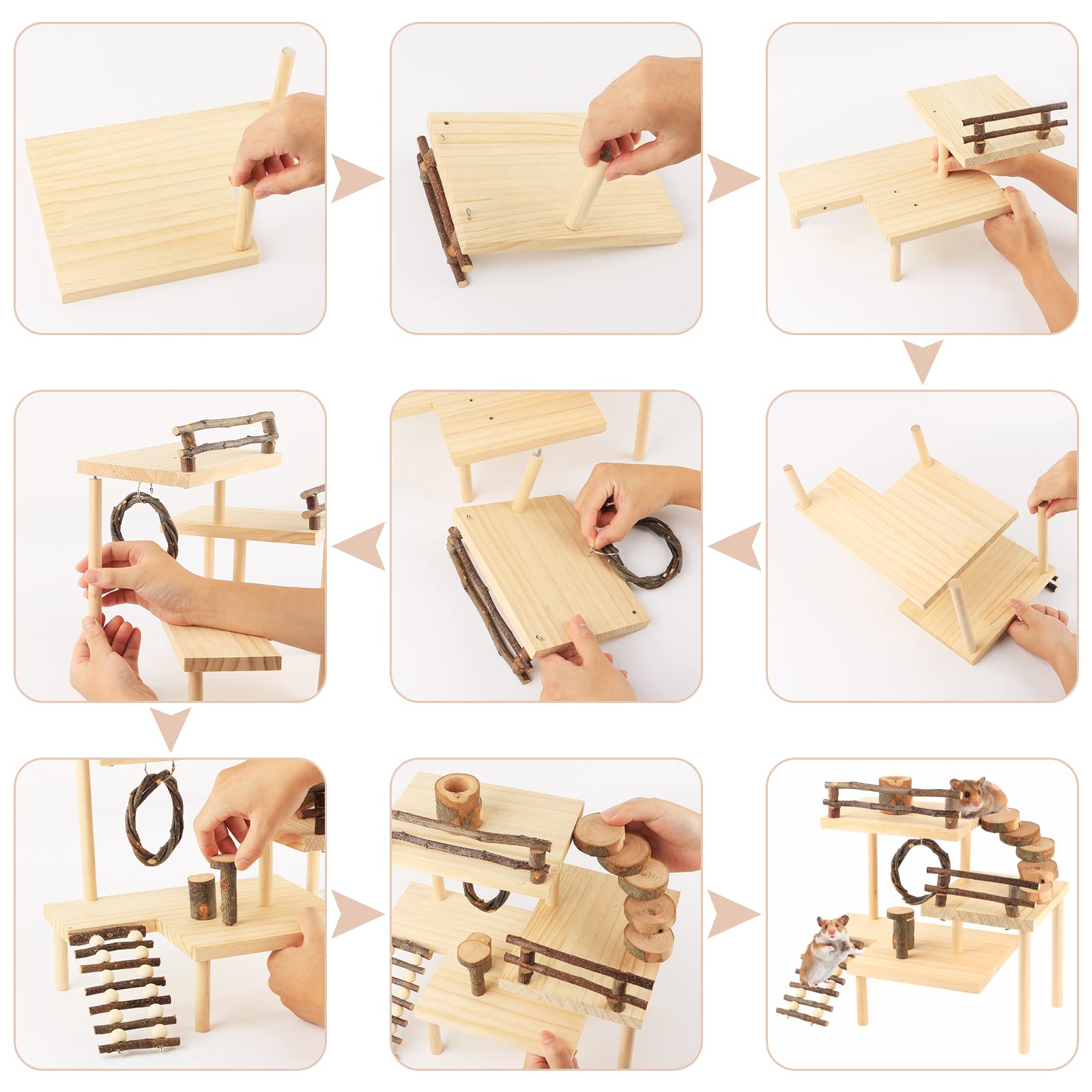 Hosukko Hamster Climbing Toys 3-Tier Extra Large Hamster Playground Natural Wooden Small Animal Platform Toys Hamster Exercise A