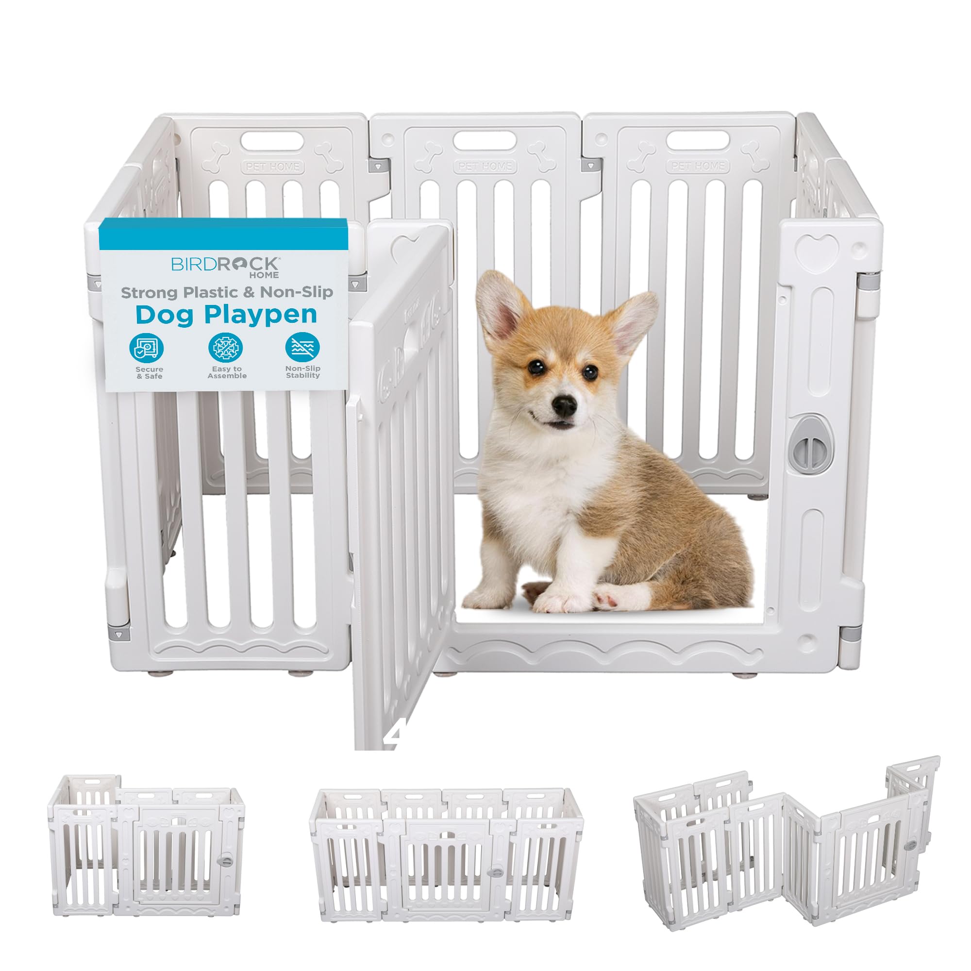 Birdrock Home Dog Playpen W/Door, 8 Panel, 25.6In H | Strong Plastic, Non-Slip Puppy Playpen, Secure Pet Gate | Indoor Outdoor F