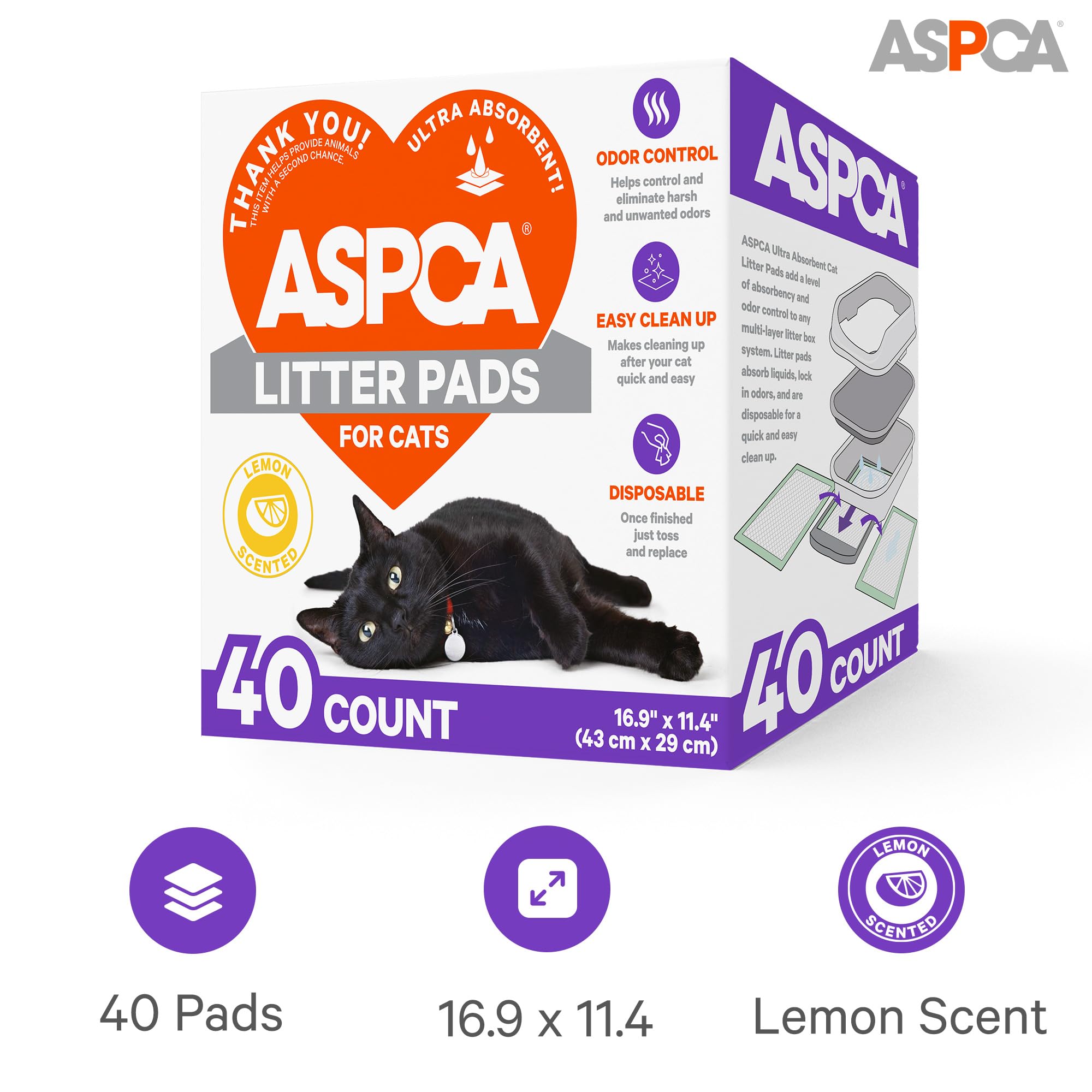 Aspca Lemon Scented Cat Pad Refills For Litter Box System Size 16.9 X 11.4 Inch - Pack Of 40
