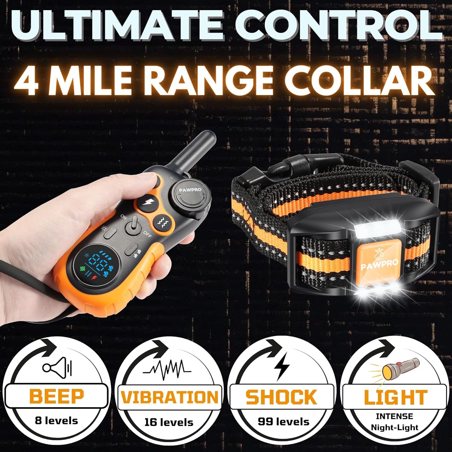 Dog Shock Collar With Remote, Unmatched 4-Mile Range, Night-Light Mode, Training Guide Included, 124 Training Levels & 4 Modes,