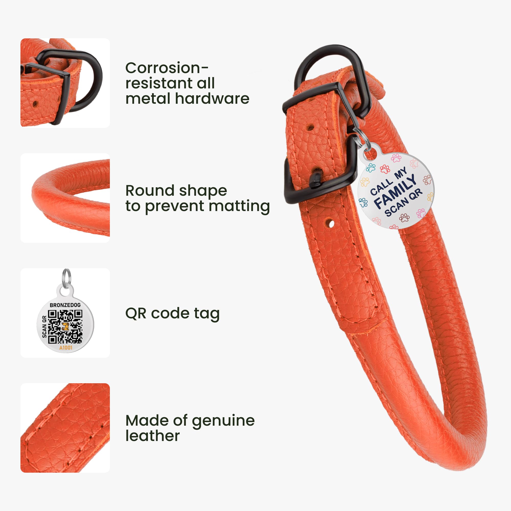 Rolled Leather Dog Collar Soft Round Collars, Id Tag For Small Medium Large Dogs (7-10 Inch, Orange & Black Buckle)