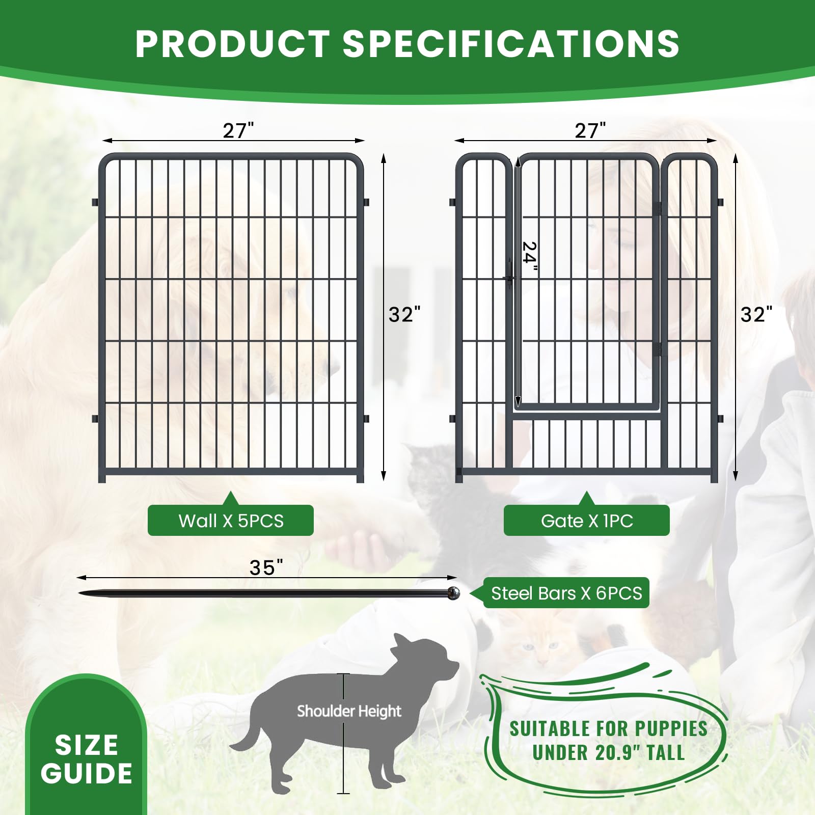 Awqm 32'' Dog Playpen Indoor/Outdoor, 6 Panels Metal Dog Fence With Doors, Portable Pet Dog Cage Outdoor Exercise Pen, Foldable