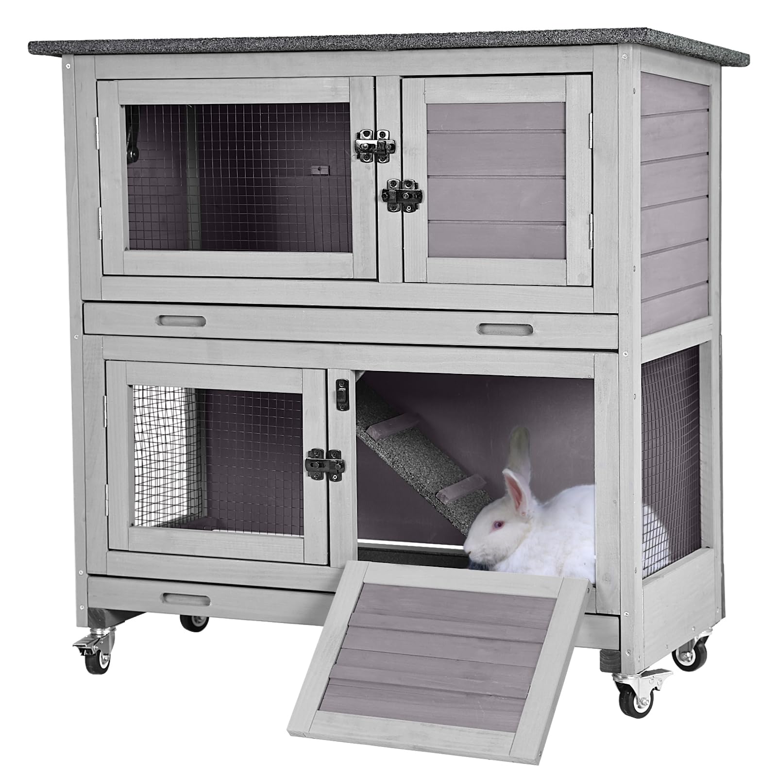 Rabbit Hutch Outdoor Indoor Bunny Cage 2 With Large Pull-Out Trays 2 Story Guinea Pig Cage On Wheels- Move Freely