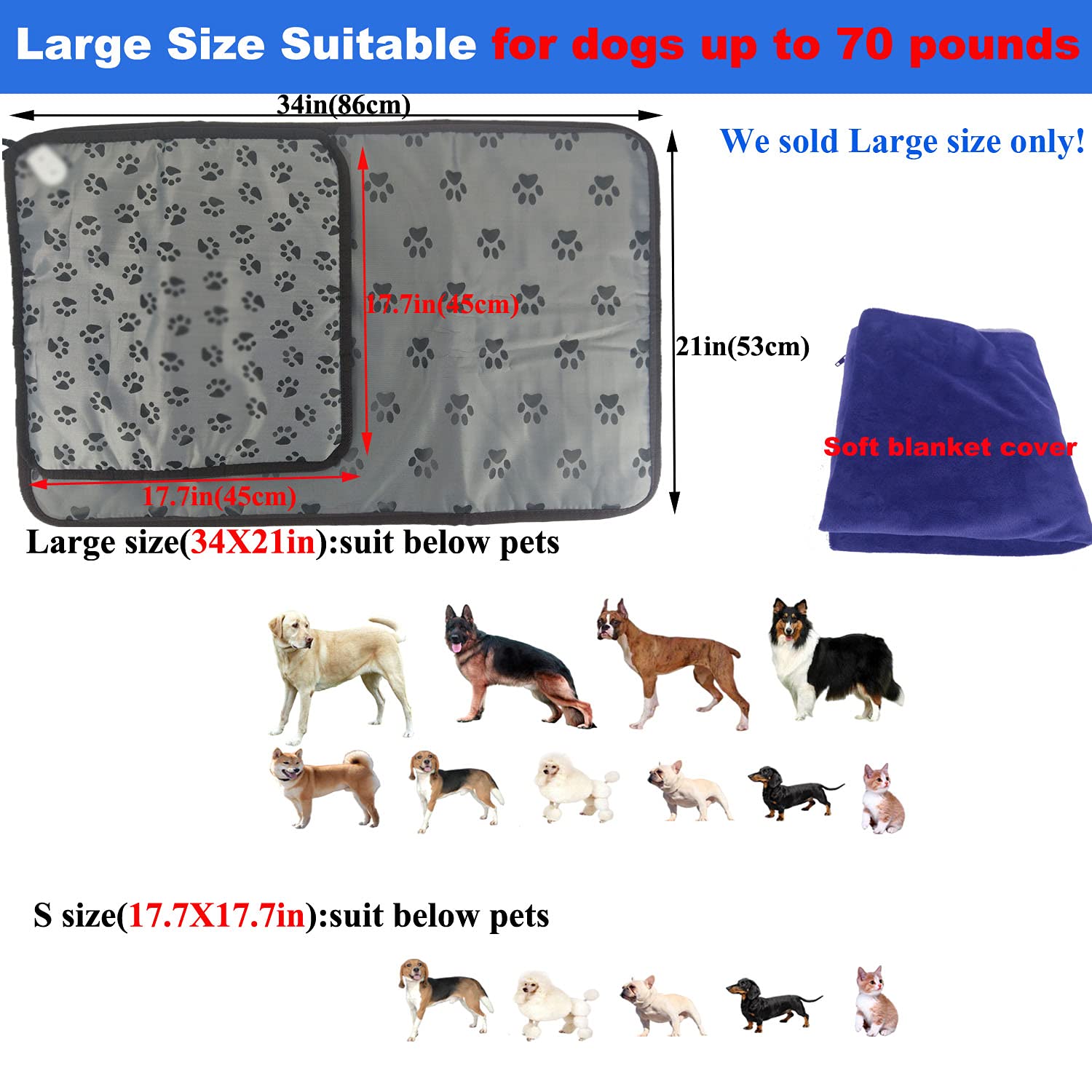 Deoman Large Dog Cat Heated Bed 34'' X 21'' Electric Heating Pad With Soft Washable Cover, Water Resistant, Chew Resistant Cord