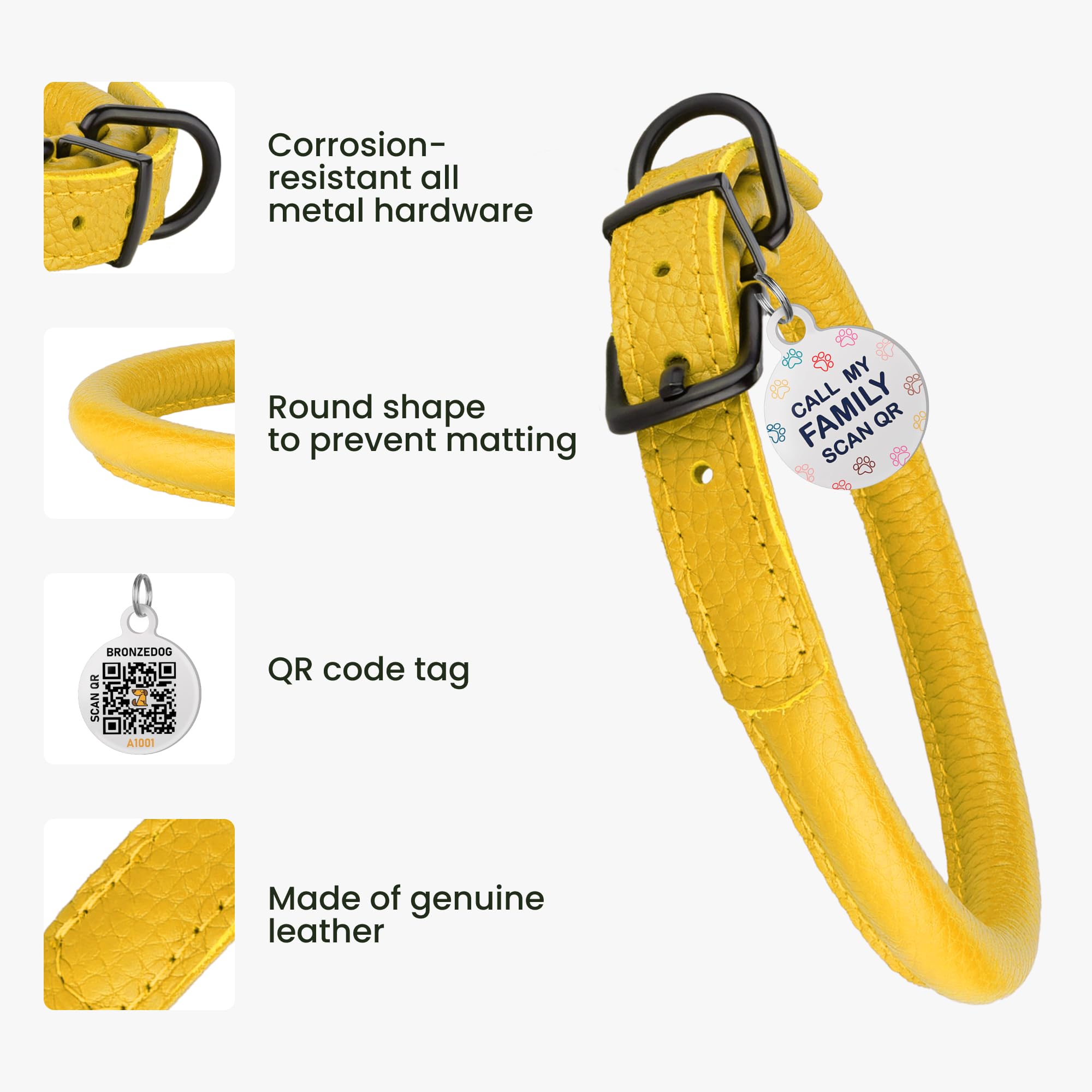 Rolled Leather Dog Collar Soft Round Collars, Id Tag For Small Medium Large Dogs (19-22 Inch, Yellow)
