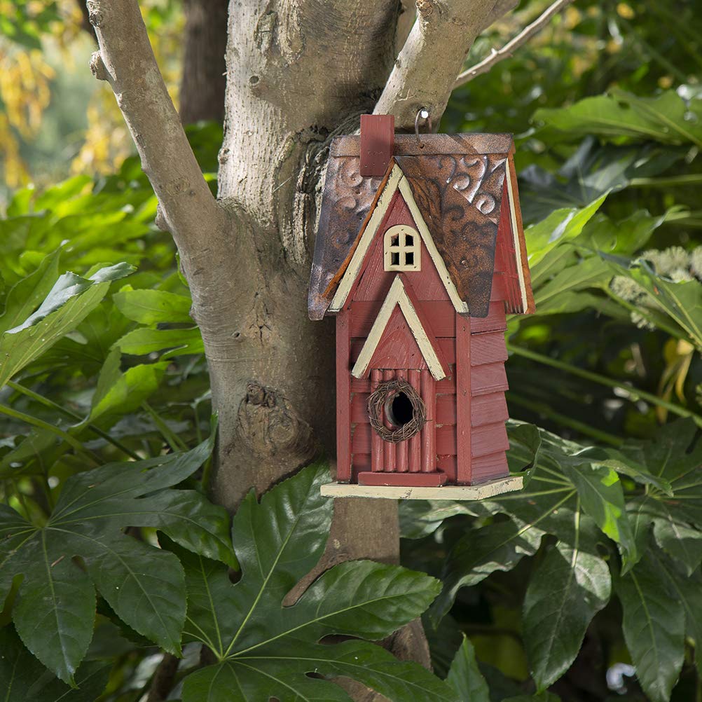 Glitzhome Solid Wood Distressed Cottage Garden Birdhouse Hanging Bird House for Outdoors 12  H,Red