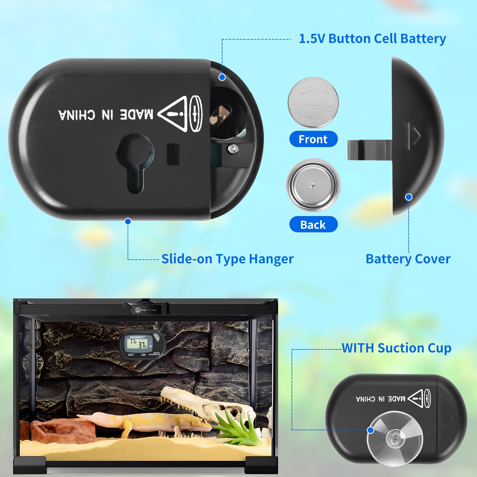 Aquaneat Reptile Thermometer Hygrometer Digital Display Temperature And Humidity Moniter For Reptiles Rearing Box With Suction C