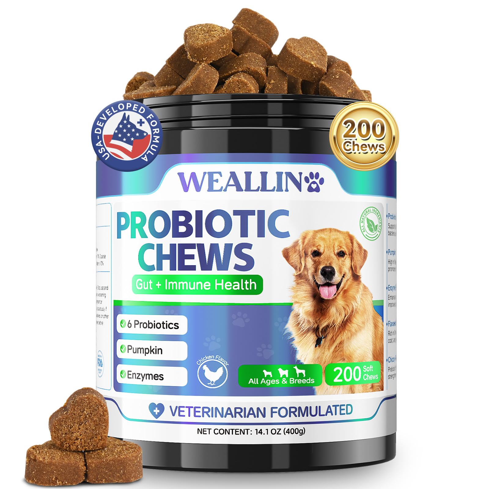 WEALLIN Probiotics for Dogs - Dog Probiotic Chews 200 Chews for Gut Health, Digestive Support & Itchy Skin Relief Pet Diarrhea G