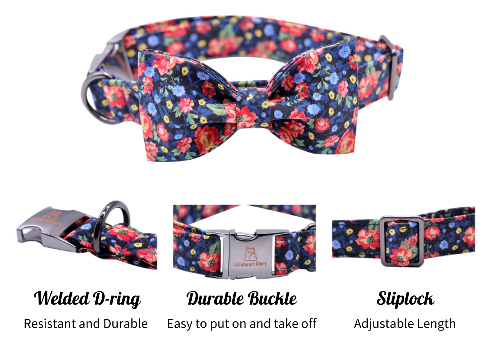 Lionheart Glory Premium Floral Dog Collars, Bowtie Dog Collar, Adjustable Heavy Duty Dog Collar With Bow For Medium Dogs