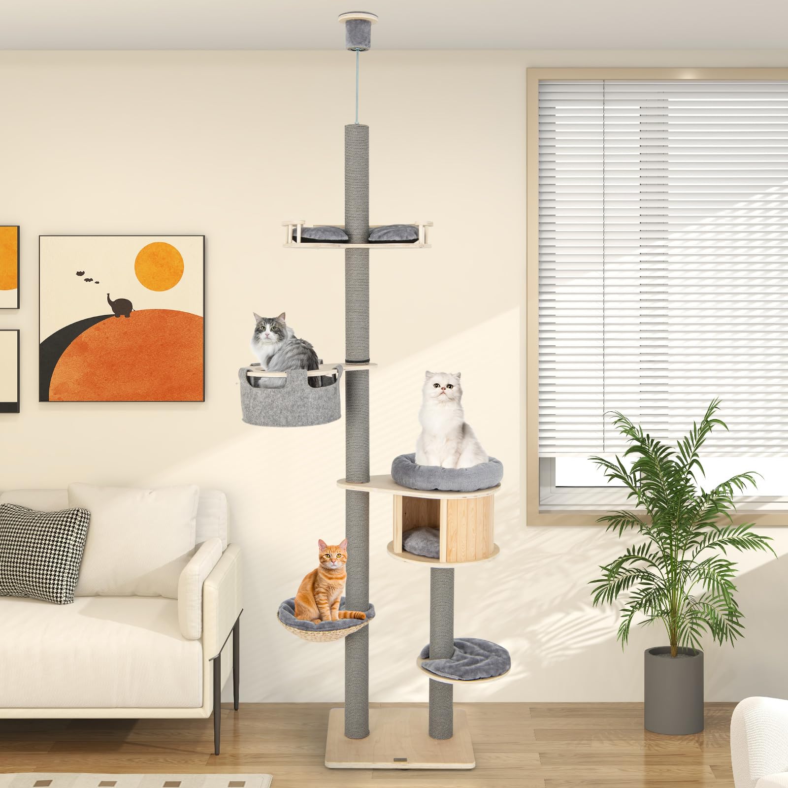 Tangkula Floor To Ceiling Cat Tree, 5 Tier Tall Cat Tower With Adjustable Height (100-110 Inch) For Large Cats, Wood Cat Climbin
