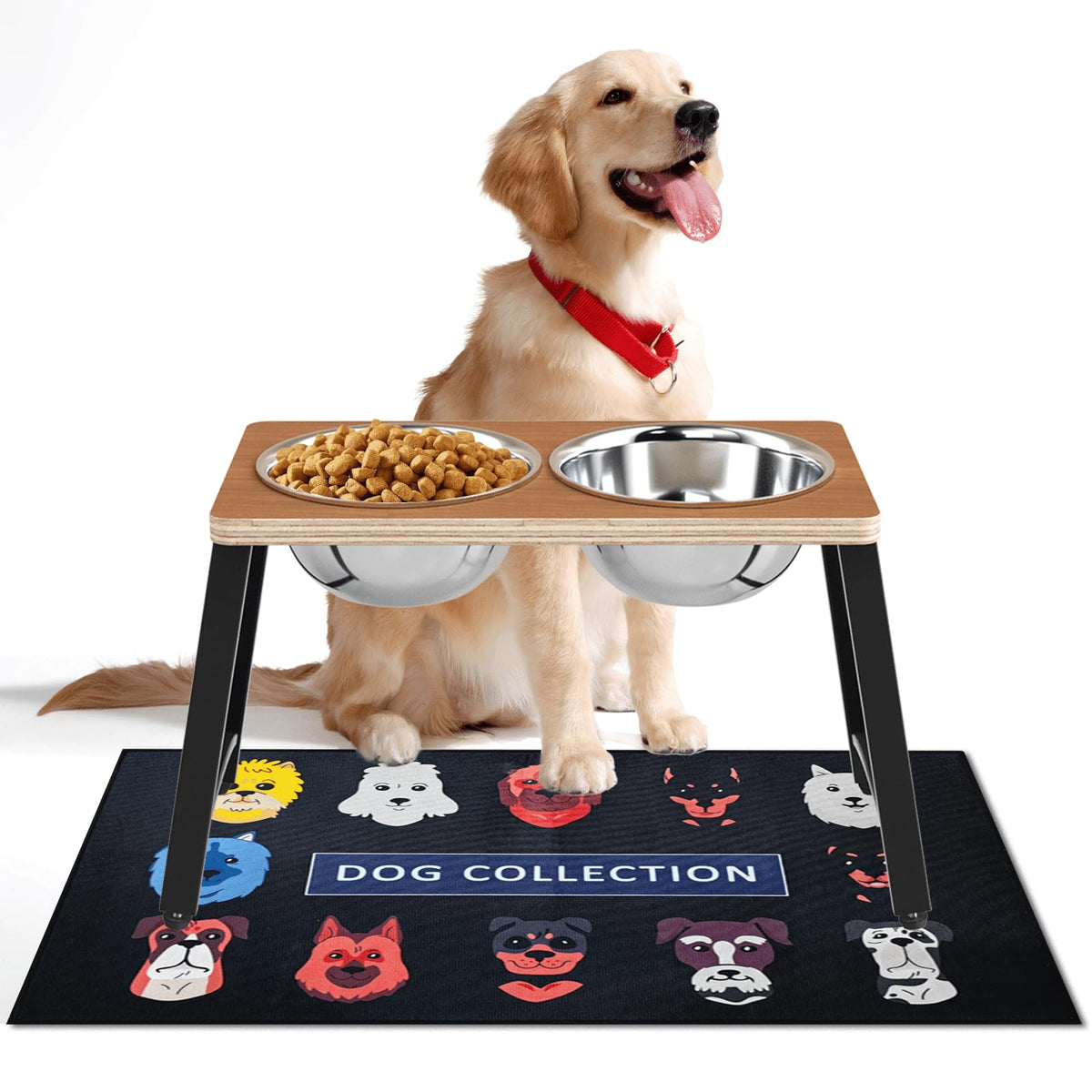 TIDANT Elevated Dog Bowls for Large Dogs with Spill Proof Mat, Raised Dog Bowl Stand with 2 Large Stainless Steel Bowls - 1700 M