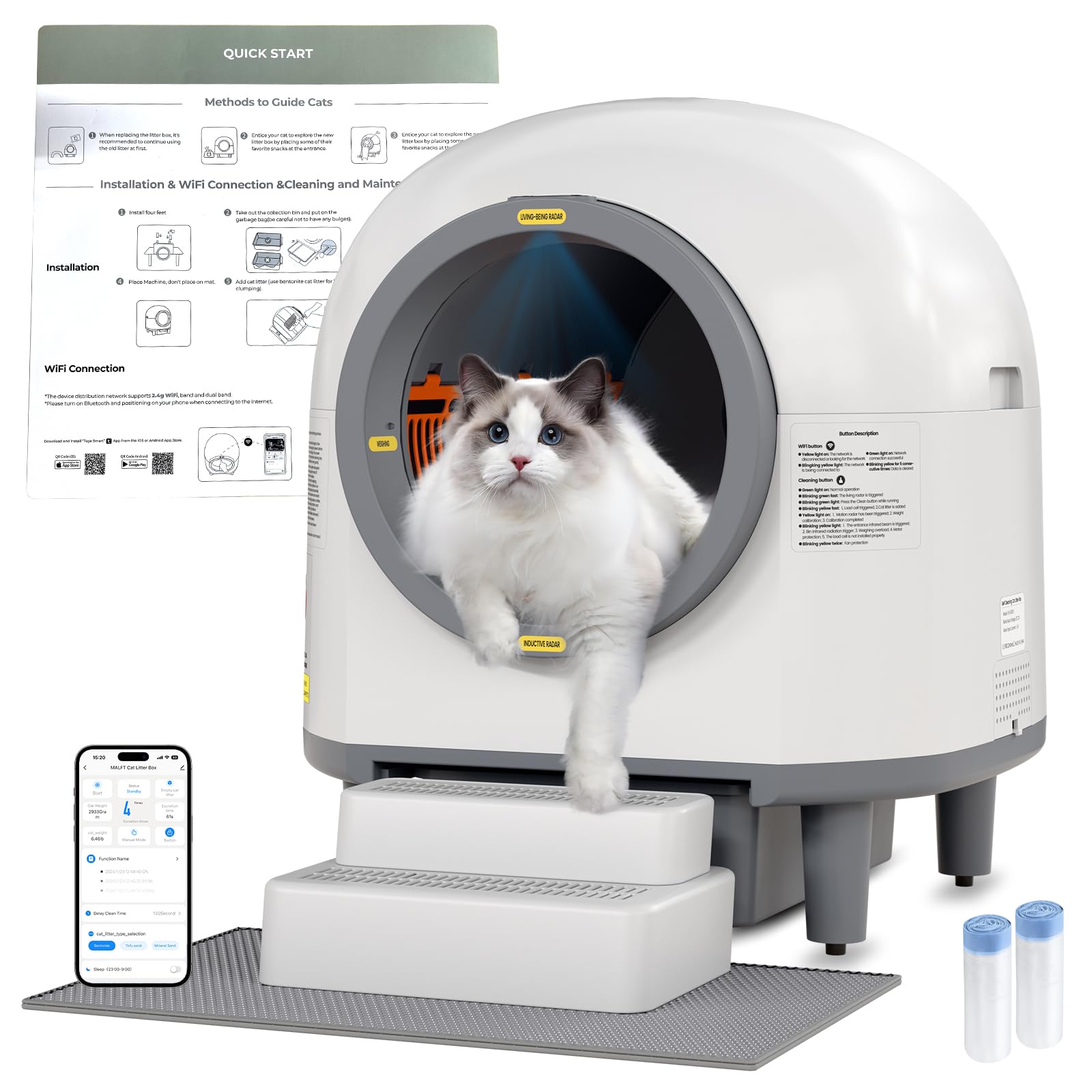 HotFeed Self Cleaning Litter Box, 100L Automatic Litter Box Self Cleaning for Multiple Cats, Smart Litter Robot with APP Control