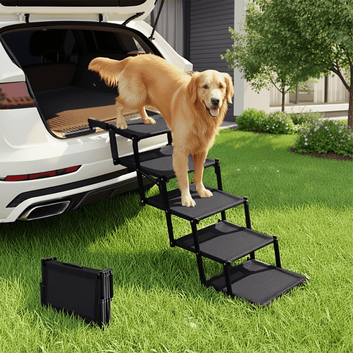 Oiilores Foldable Dog Stairs for Large Dogs - Extra Wide Pet Ramp for Cars, SUV, Truck, Non-Slip Surface, Supports Up to 250 Lbs