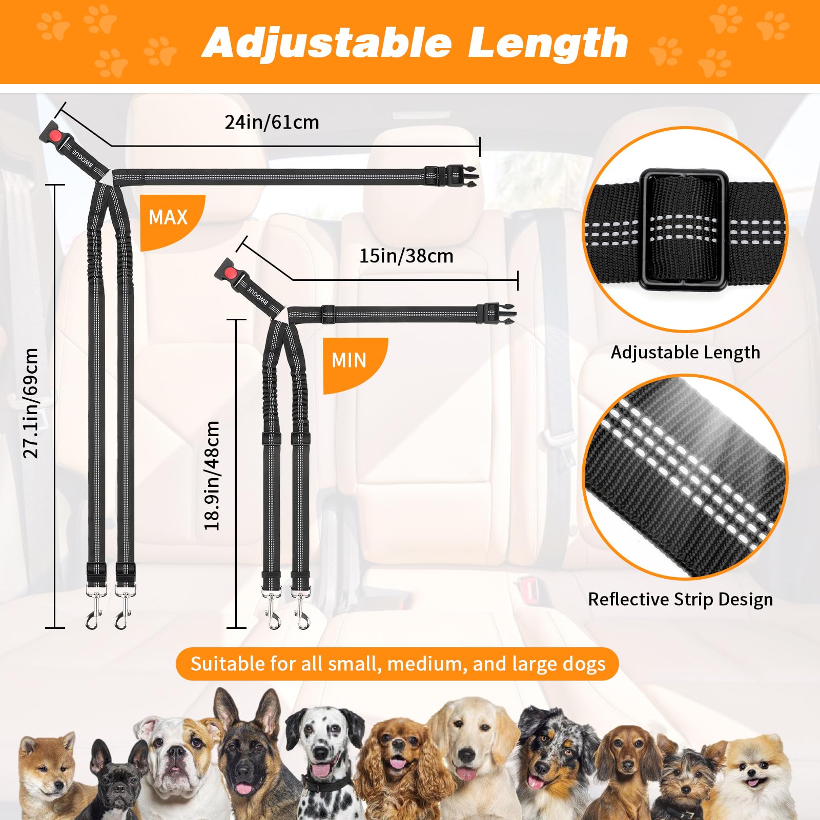 Bwogue Double Dog Cat Seat Belts, Car Headrest Restraint Adjustable Travel Leash,Safety Elastic Leads Splitter Connect Vehicle S