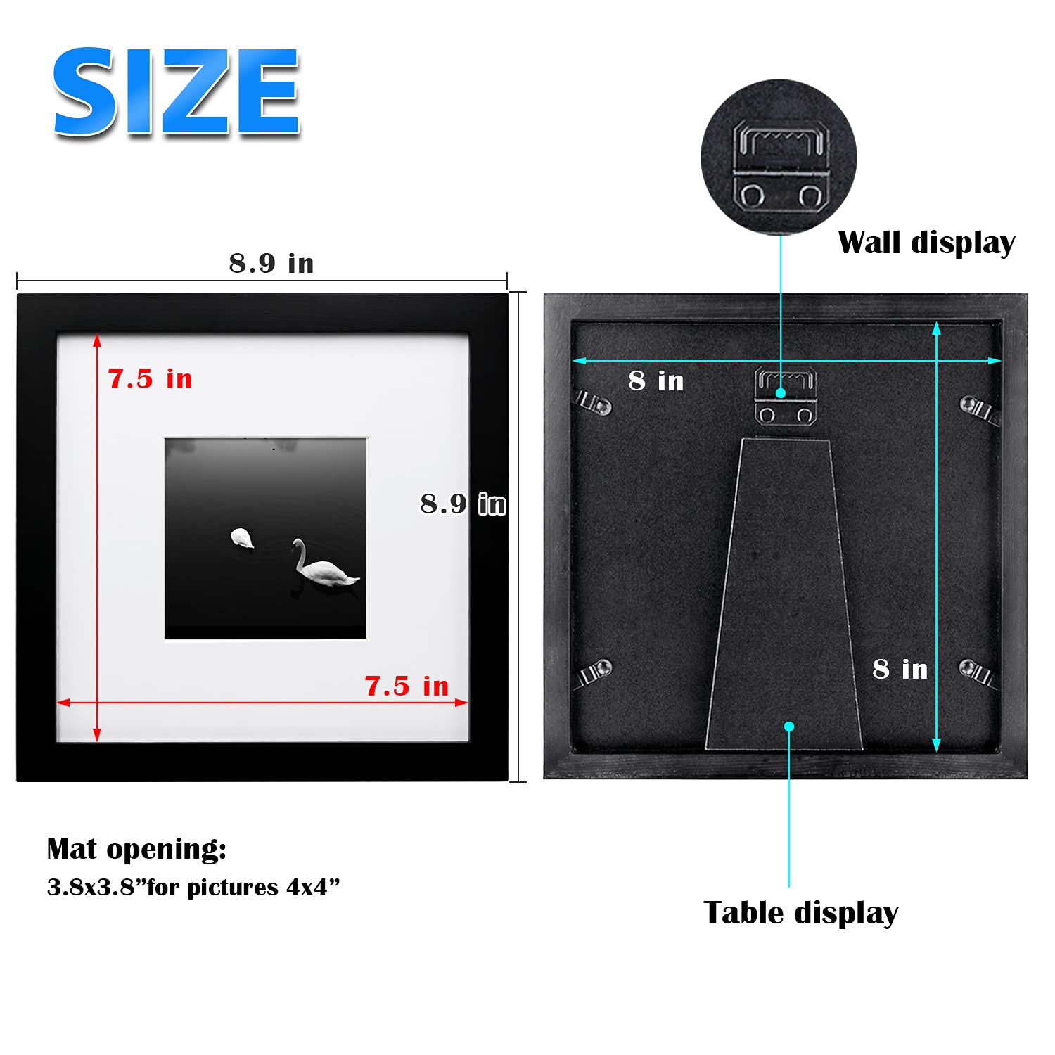 Egofine 8x8 Black Picture Frame - Solid Wood, Table Top & Wall Mount Display, Perfect for Photos and Art