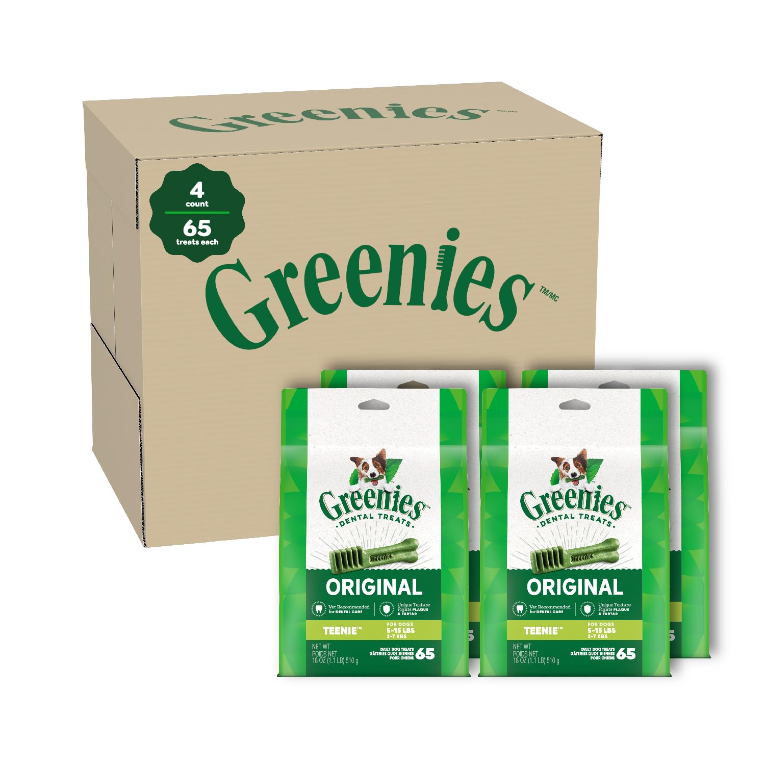 Greenies Original Teenie Dental Dog Treats, (4) 65 ct Packs (260 Treats)