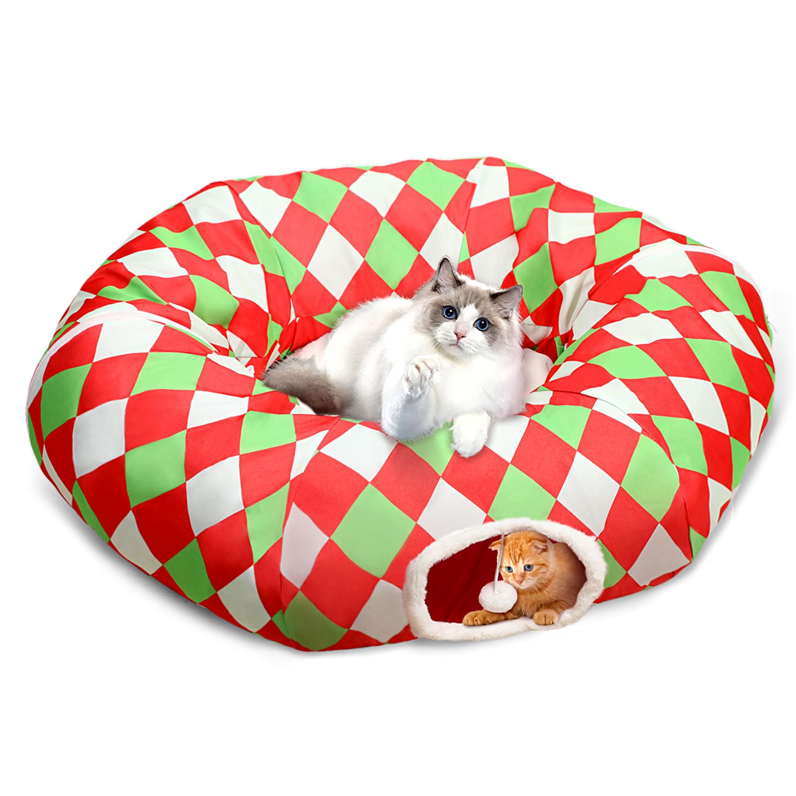 Checkered Dog Bed Cat Peekaboo Cat Cave Donut With Washable Cushion Cat Tunnels For Indoor Cats Festive Decor Perfect For Small 