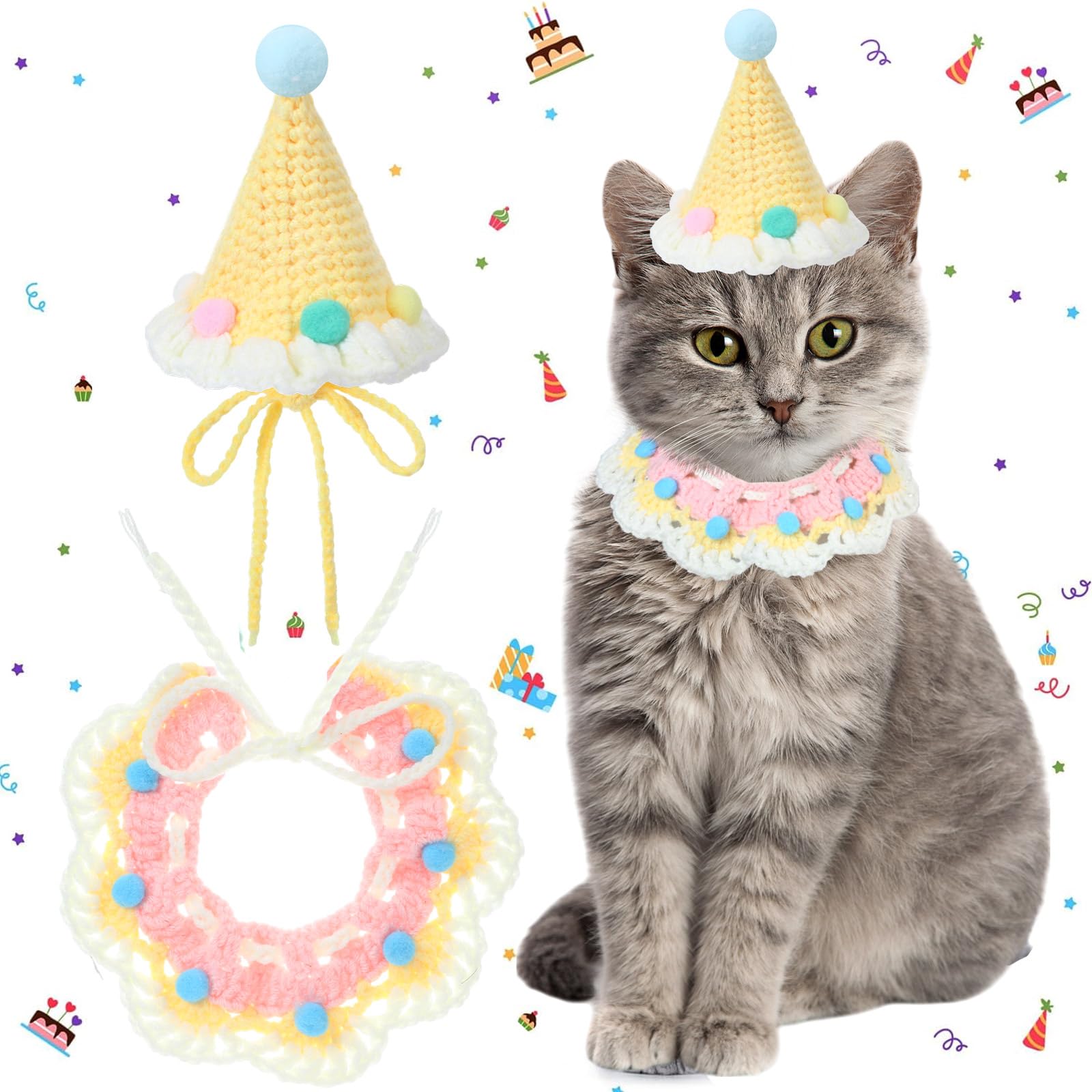 Sanwuta 2 Pcs Cat Birthday Party Supplies, Knit Cat Hat Kitten Birthday Bib Knit Bandana Pet Party Costume Headwear Accessories 