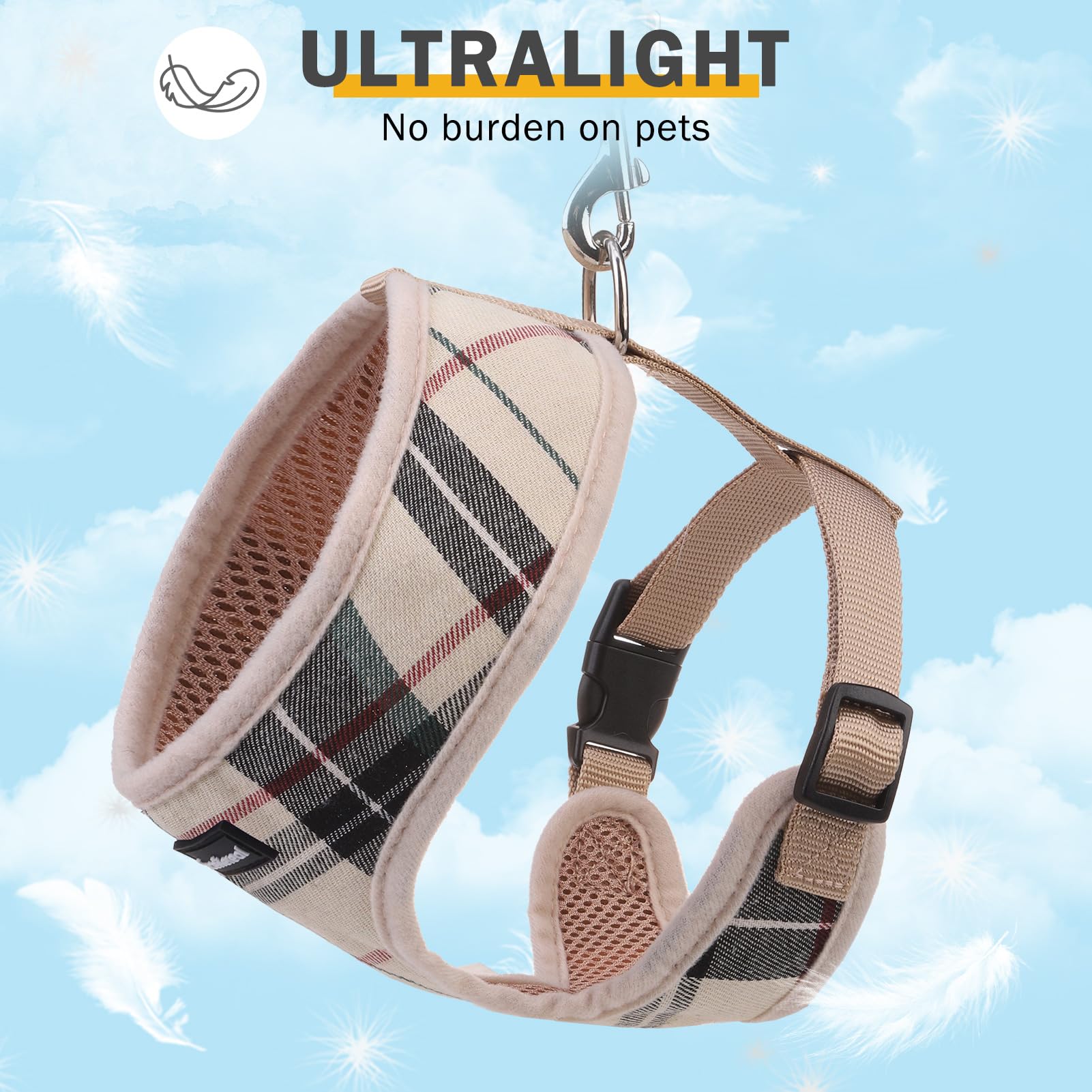 Scenereal No Pull Dog Harness Collar And Leash Set Small Medium Sized Dog, Soft Mesh Step In Puppy Harnesses, No Chock Plaid Adj