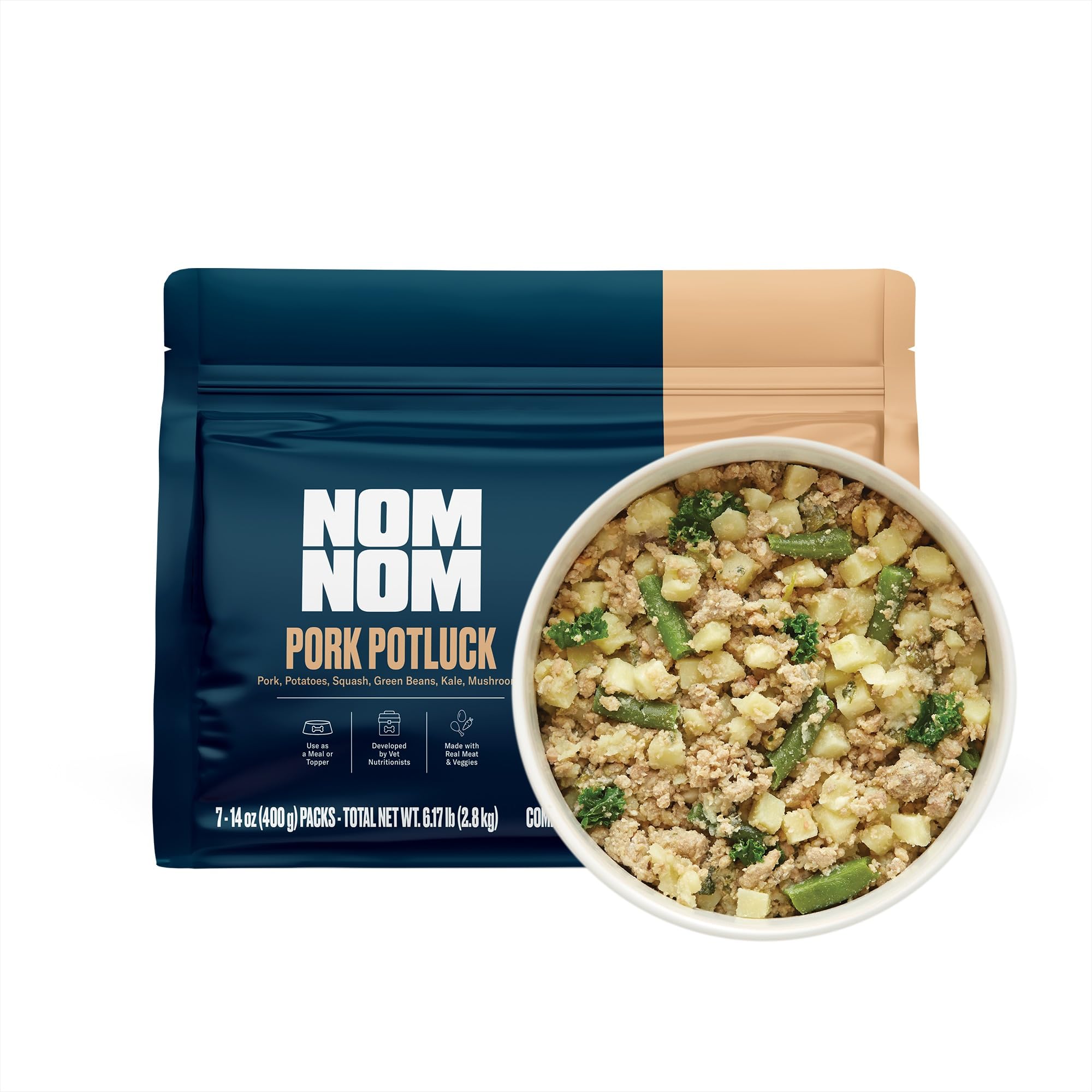Nom Nom Freshly-Made Frozen Grain-Free Pork Potluck Dog Food - Vet-Formulated Meal or Topper with Real Pork & Veggies - Complete
