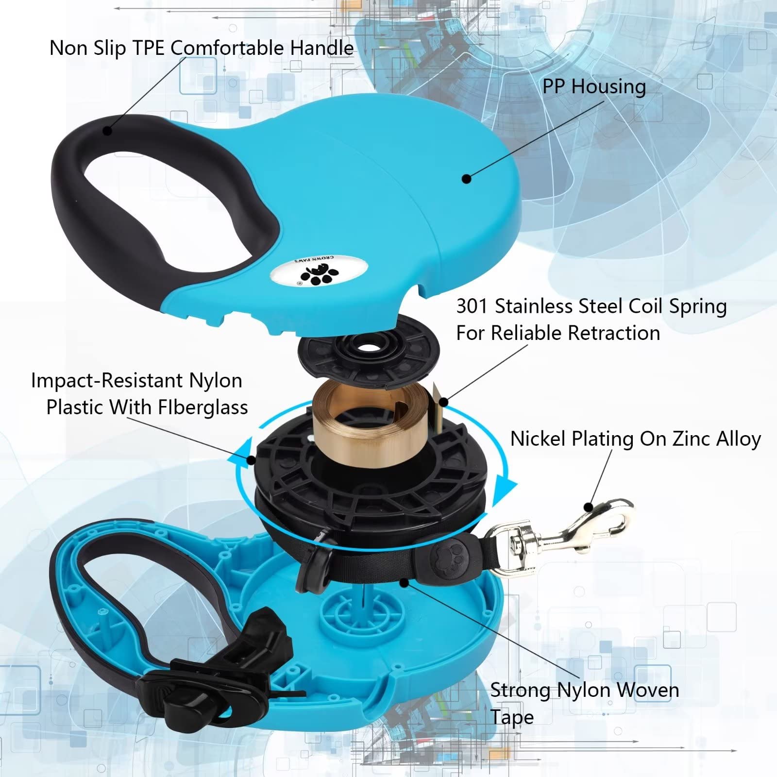 Crown Paws 13 Ft Retractable Dog Leash For Large Dogs Up To 26 Lbs,Tangle-Free Nylon Tape,Blue Dan S