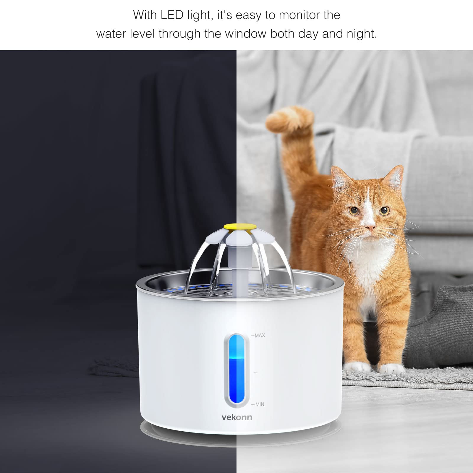 Vekonn Cat Water Fountain Stainless Steel Top With 4 Filters & 4 Sponges, 2.4L Pet Water Fountain For Small Dog And Cat With Led
