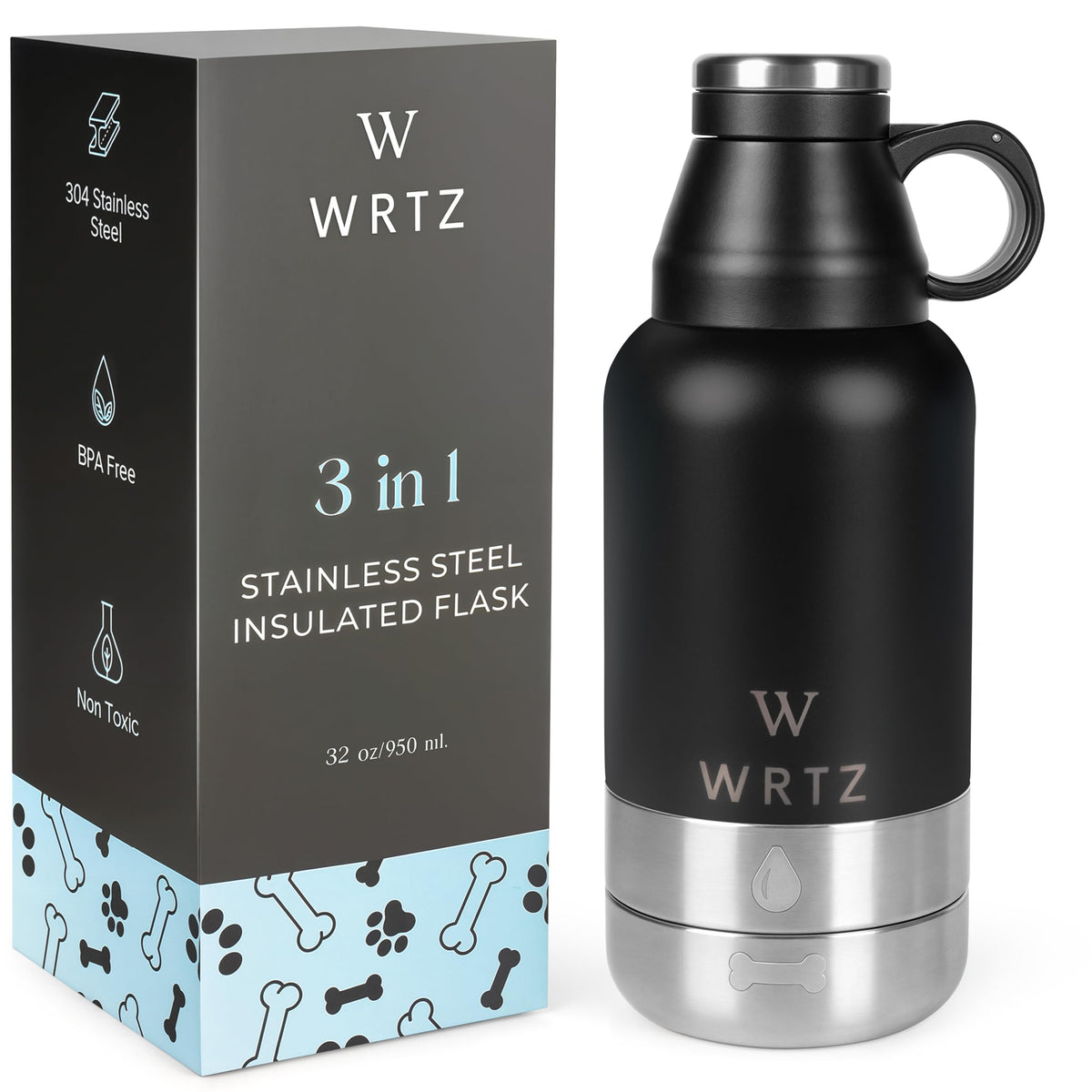 Wrtz Stainless Steel Insulated Water Bottle With 2 Removable Water Bowls For Dogs - Leak-Proof Eco-Friendly Portable Dog Water B