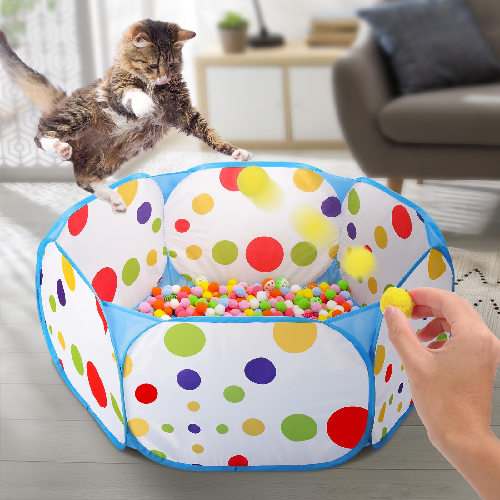 Palksky Ball Pit With 210 Toy Balls And 4 Spring Toys - Interactive Cat Toys For Bored Indoor Cats Self Play, Enrichment Toy For