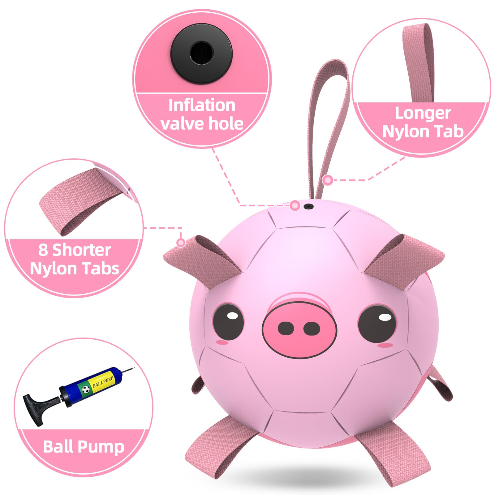 Qdan Dog Toys Soccer Ball With Straps, Interactive Toy For Tug Of War & Fetch, Puppy Birthday Gift, Medium & Large Dog - Pink Pi