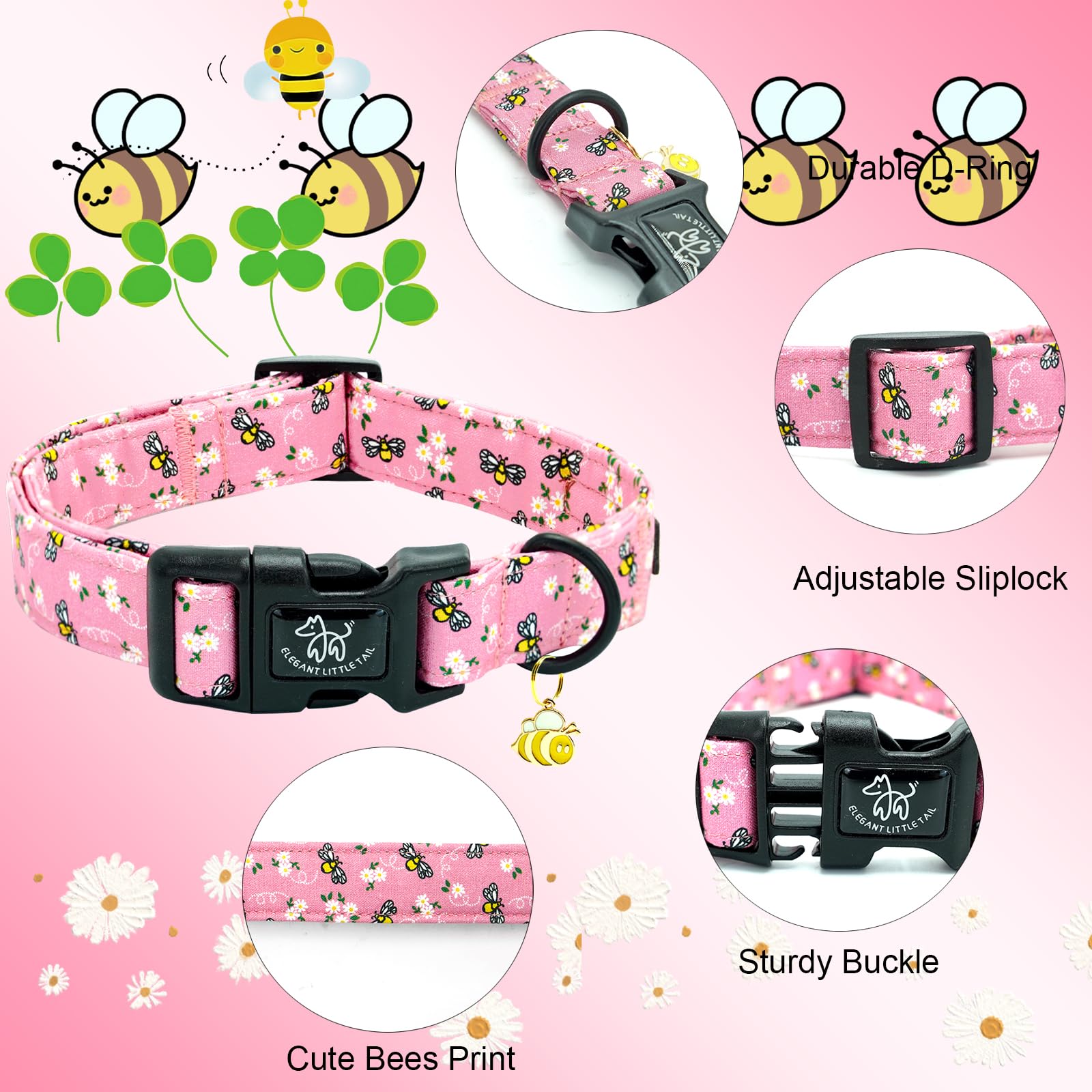Elegant little tail Dog Collar - Adjustable Cotton, Large Size, Cute Bees Pattern, Durable for Male/Female Dogs
