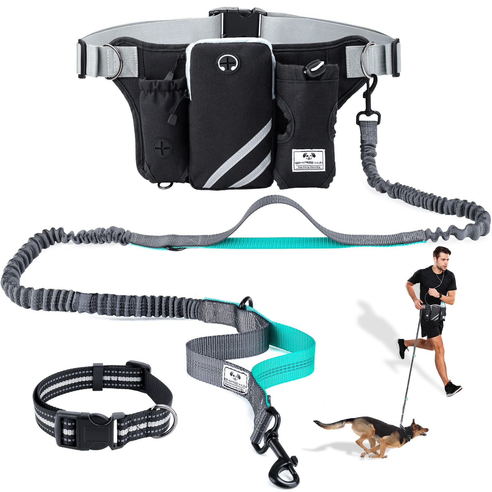 Shine Hai Retractable Hands Free Dog Leash With Dual Bungees For Dogs, Adjustable Waist Belt Bag, Reflective Stitching Leash For