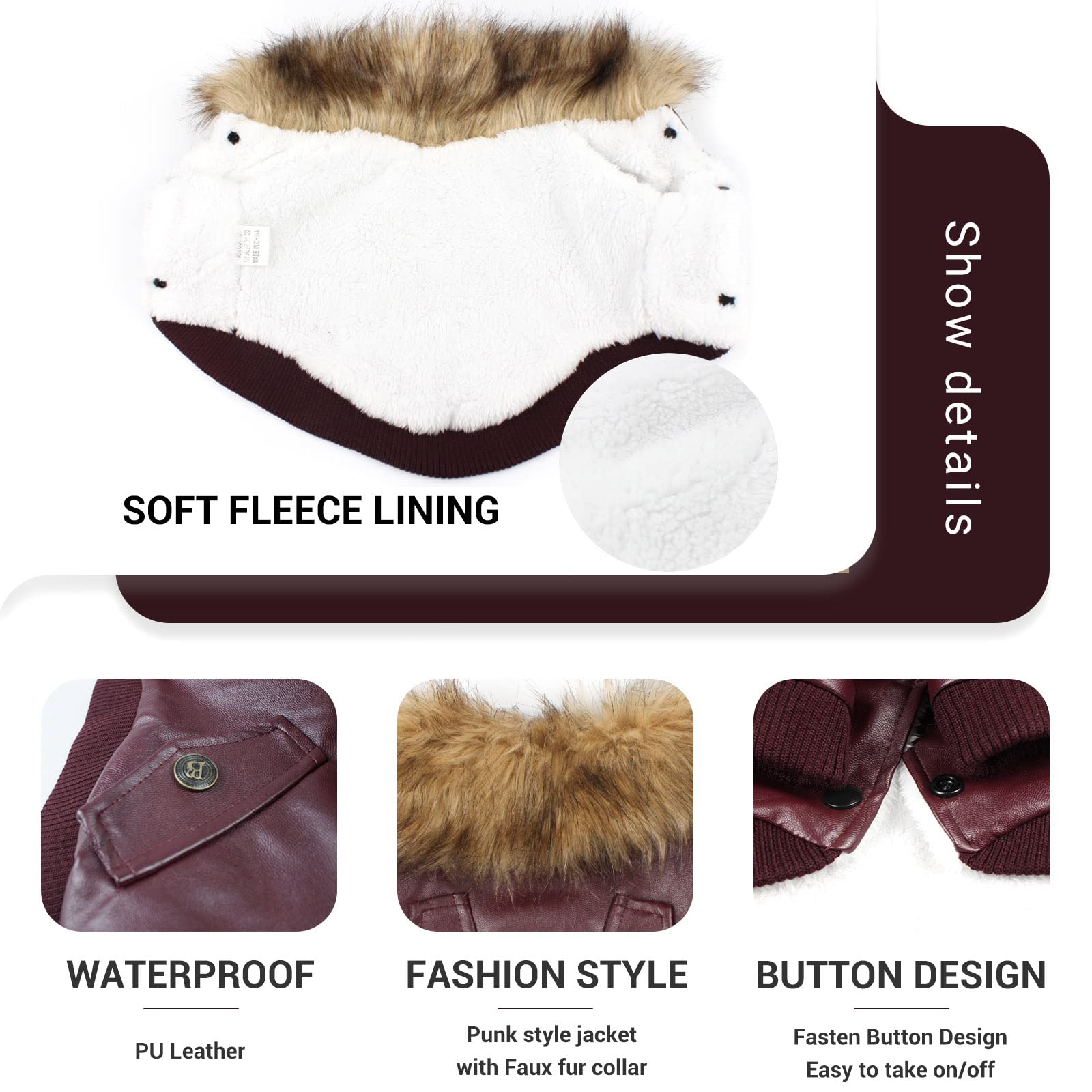 Lesypet Warm Dog Jacket Winter Dog Coats Windproof Waterproof Fleece Lined Dog Leather Jackets For Small Dogs Puppy, Red Medium