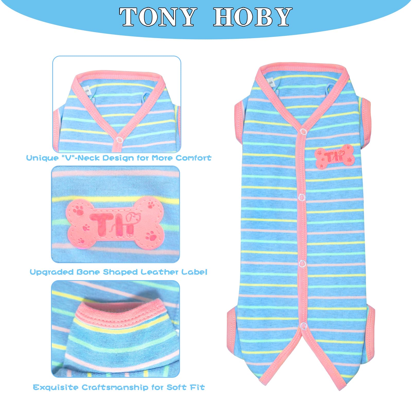 Tony Hoby Female Dog Pajamas, Dog Thermal Jumpsuit With Stripe For Small/Medium Dogs (Light Blue, Girl, Xl)