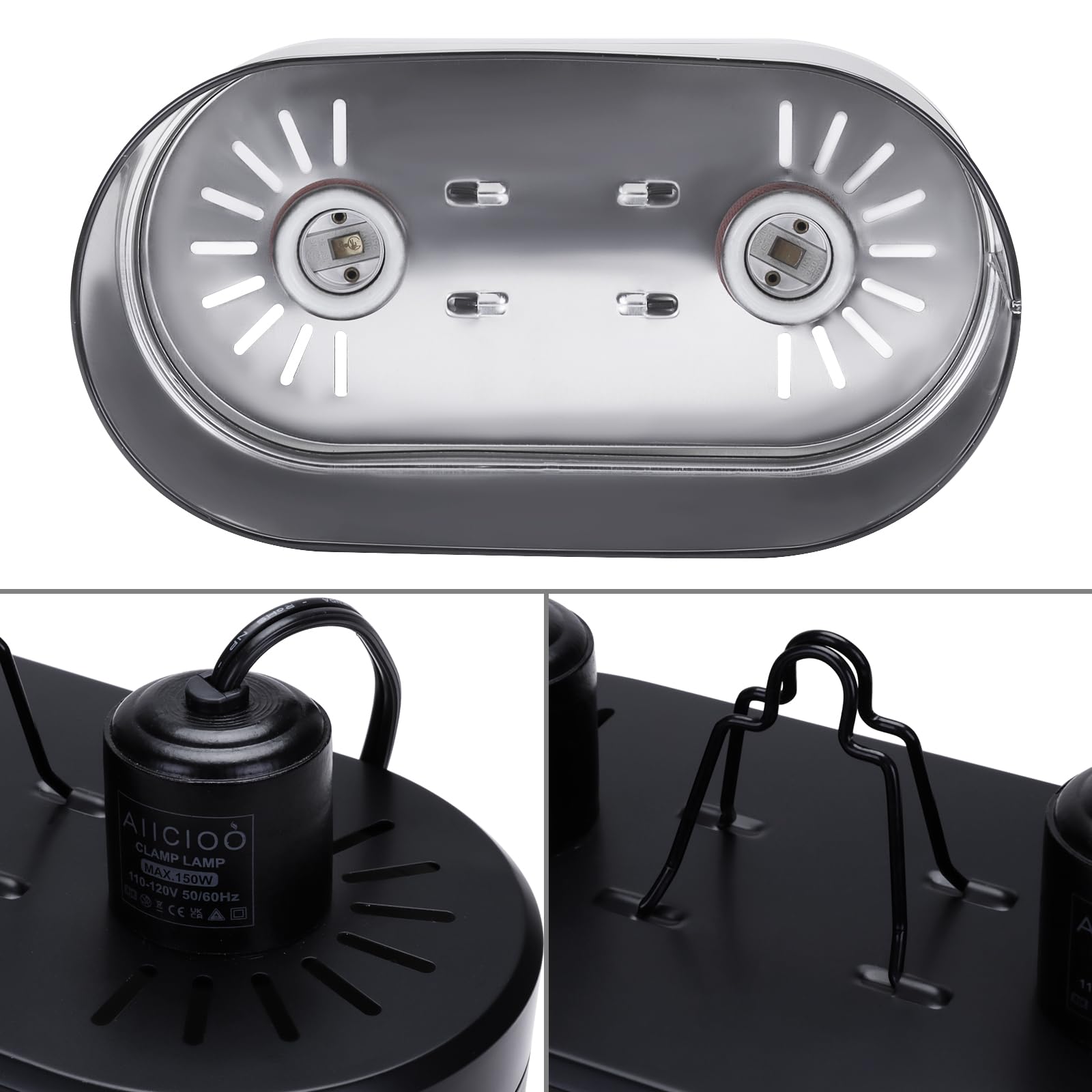 Aiicioo Dual Reptile Light Fixture 150W Double Dome Uvb Lamp Fixture Reptile Combo Deep Dome Lamp Fixture With Independent Switc