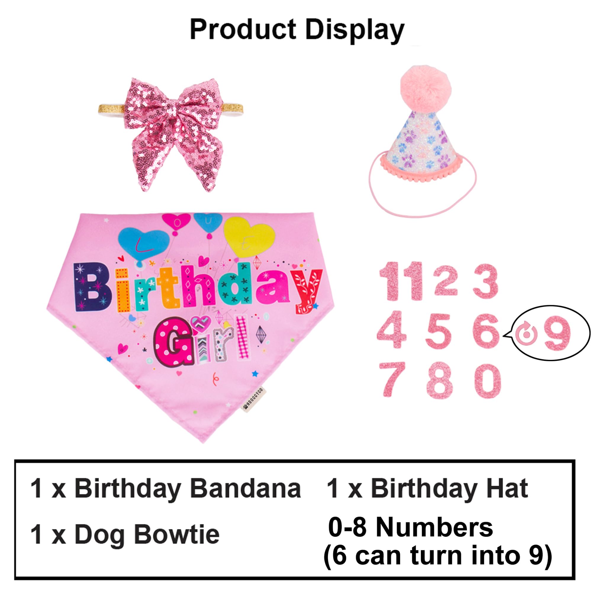 Adoggygo Dog Birthday Party Supplies, Pink Girl Puppy Birthday Bandana Hat Numbers Bow Set For Small Dogs Pets (Small)