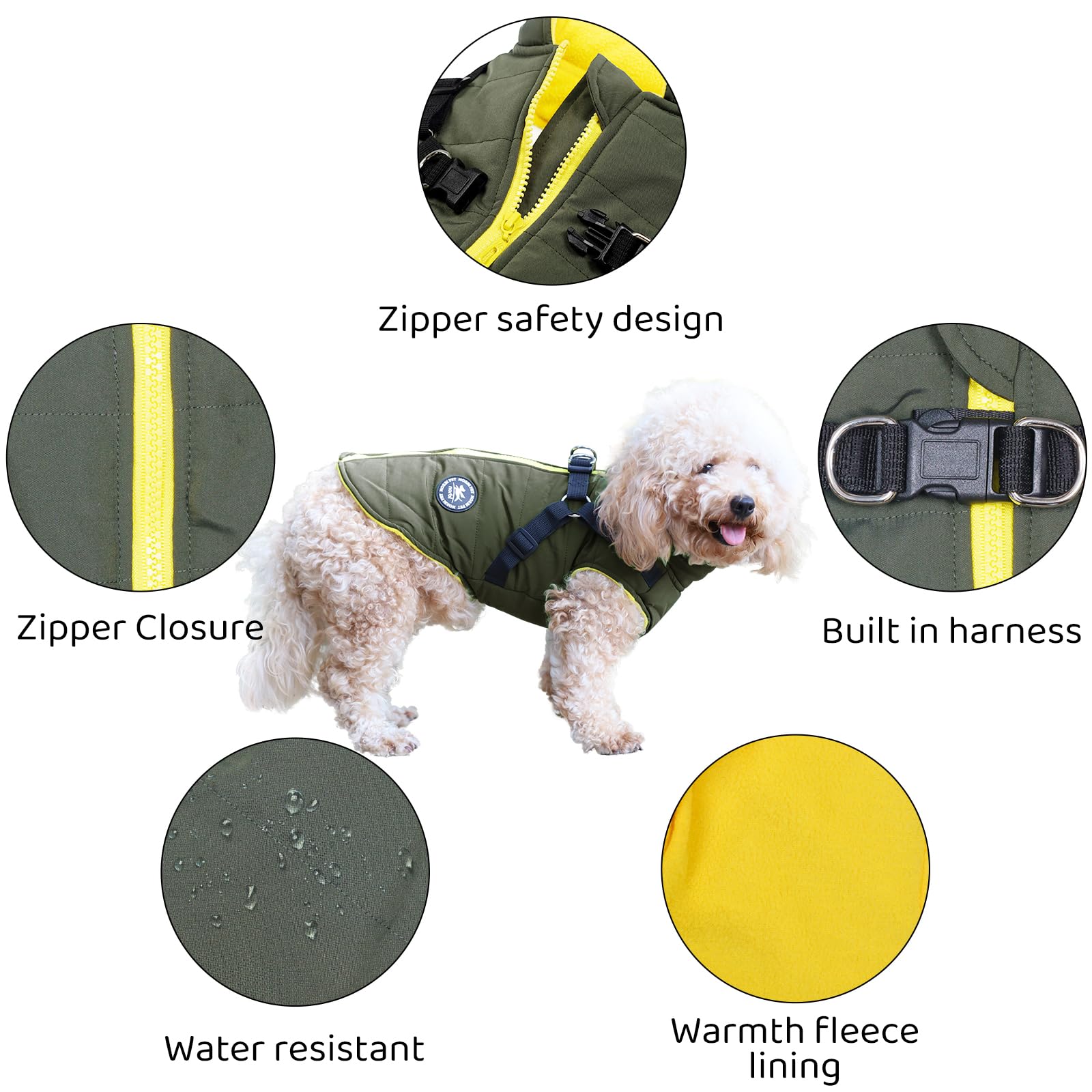Norbi Pet Warm Jacket for Small Dogs, 4XL, Green, 2-in-1 Winter Vest Harness, Polyester Cold Weather Coat