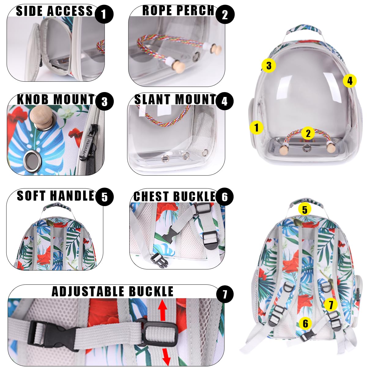 Bird Traval Carrier Cage, Clear Space Capsule Astronaut Backpack To Carry Parakeet Cockatiel Parrot With Metal Tray Wood Perch,